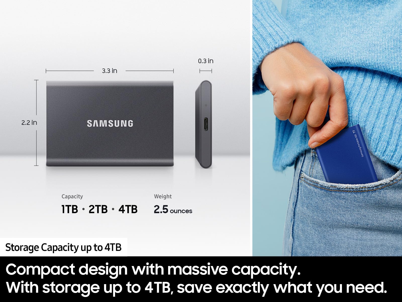 SAMSUNG T7 Portable SSD, 2TB External Solid State Drive, Speeds Up to 1,050MB/s, USB 3.2 Gen 2, Reliable Storage for Gaming, Students, Professionals, MU-PC2T0H/AM, Blue