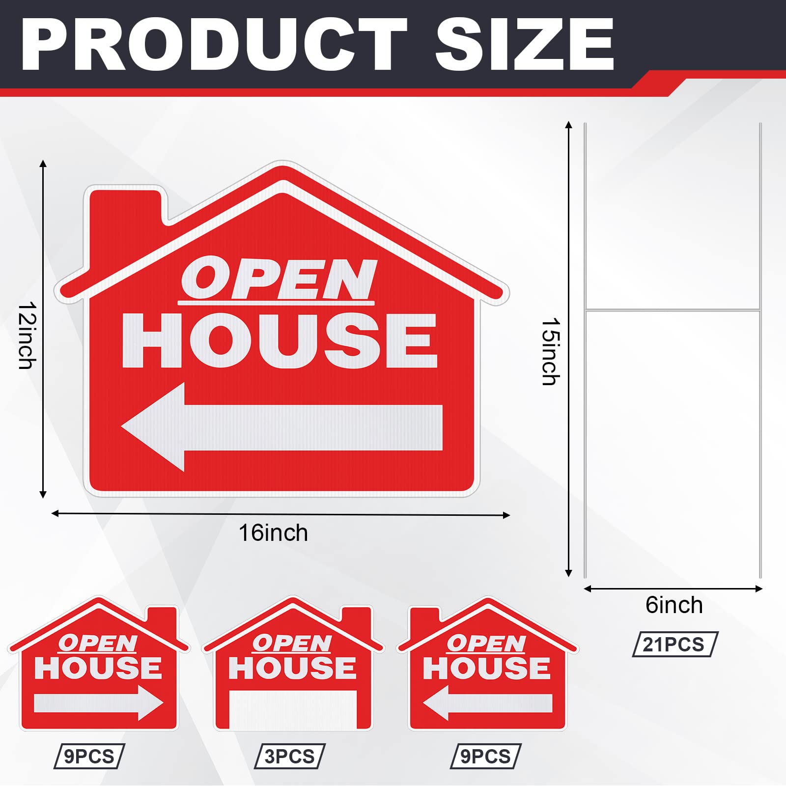 Pinkunn 21 Pack Open House Signs for Real Estate Double Sided Estate Sale Signs with Metal H Stakes 12 x 16'' Weather Proof Open House with Directional Arrows for Yard(Red)