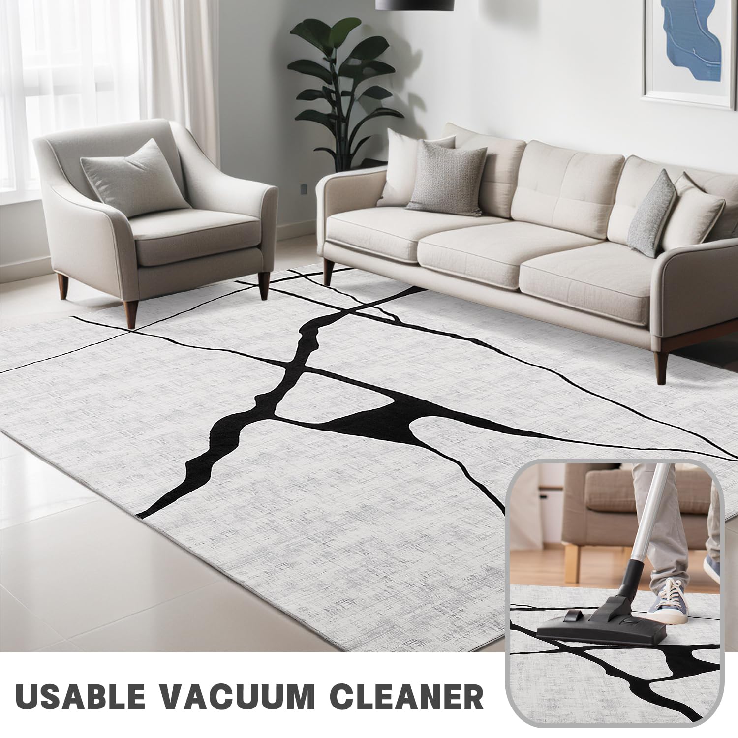 YIHOUSE Modern Area Rugs for Living Room, Washable Black and White Rug 5 x 8, Ultra-Thin Nonslip Contemporary Abstract Rug Soft Kitchen Bedroom Playroom Office Nursery, Minimalist Stripe Grey