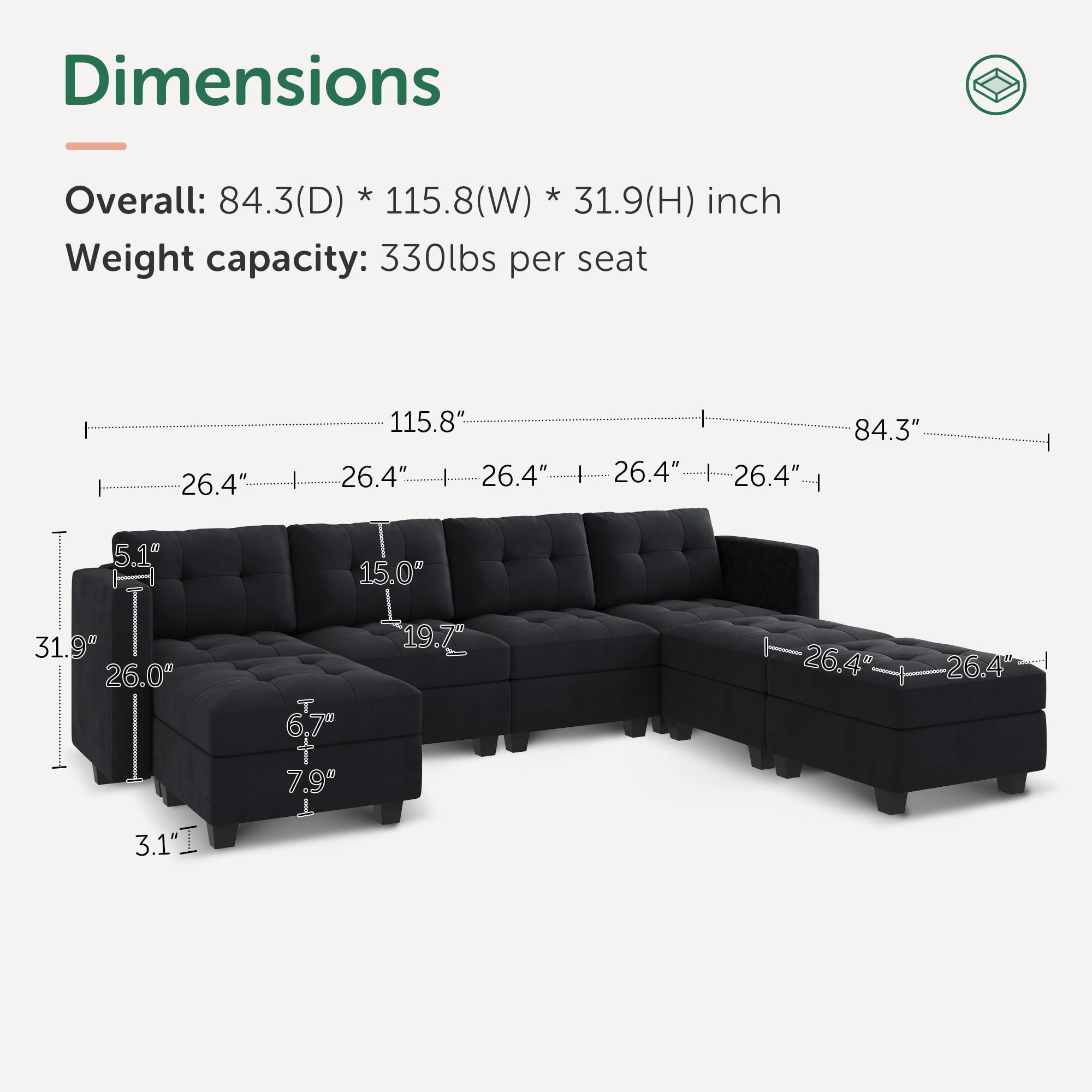 HONBAY Modular Sectional Sofa Oversized U Shaped Couch with Storage Seat Velvet 7 Seater Modular Sofa with Reversible Chaises, Black