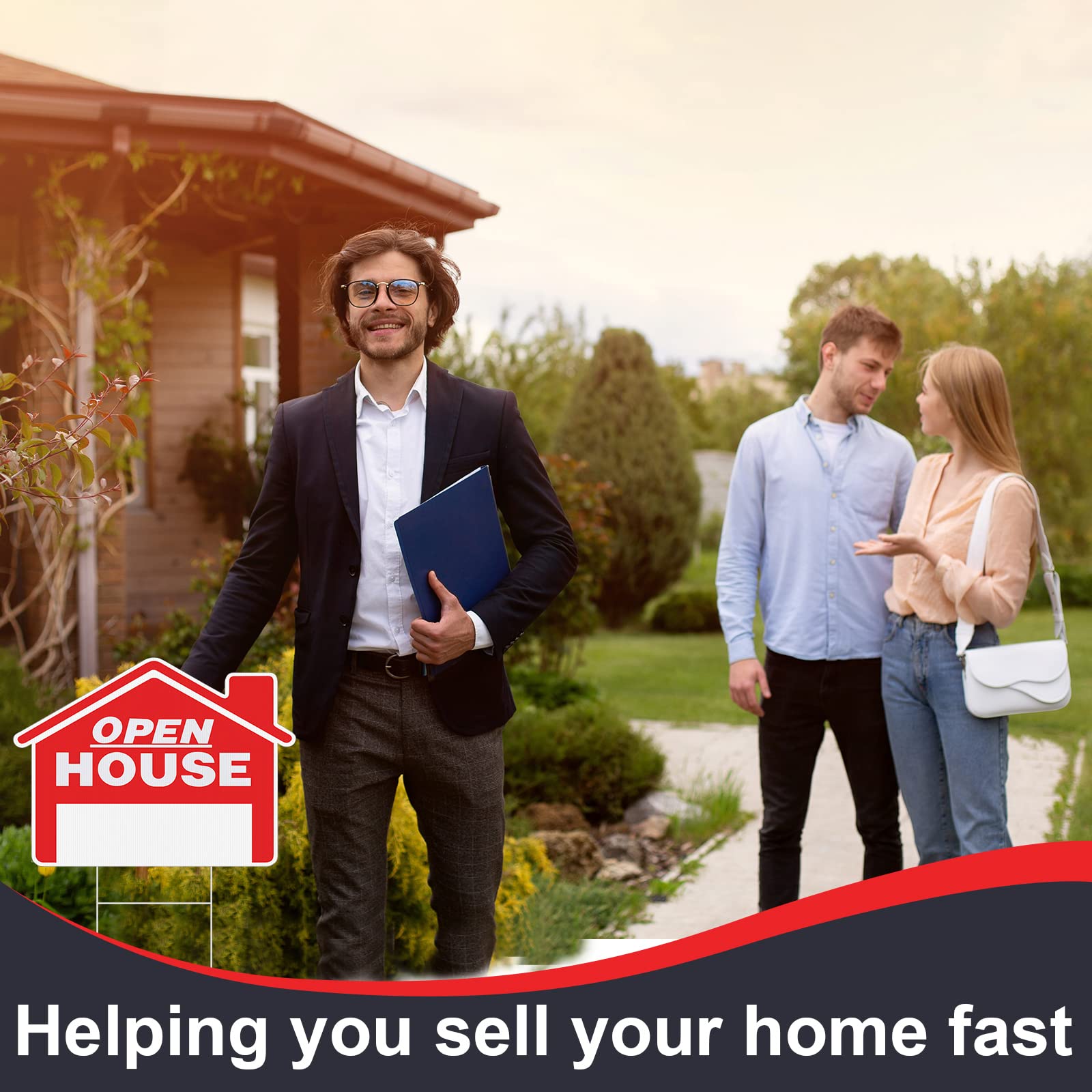 Pinkunn 21 Pack Open House Signs for Real Estate Double Sided Estate Sale Signs with Metal H Stakes 12 x 16'' Weather Proof Open House with Directional Arrows for Yard(Red)