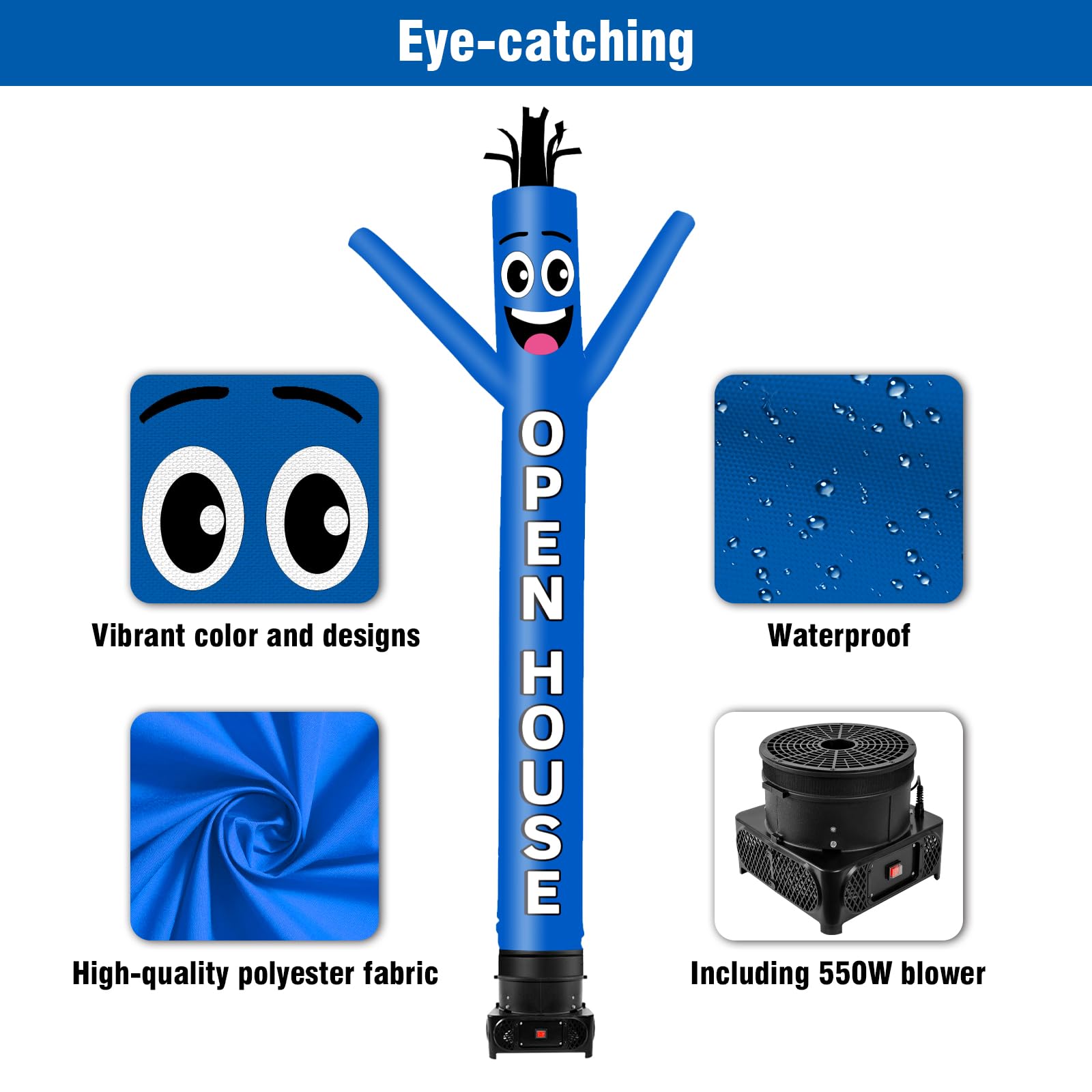 GOODENY 10FT Tall Inflatable Tube Man Open House Wacky Wavy Dancing Guy with 3/4 HP Weather-Resistant Blower (12''Diameter) for Outdoor Decoration Advertising Business Promotion - Blue