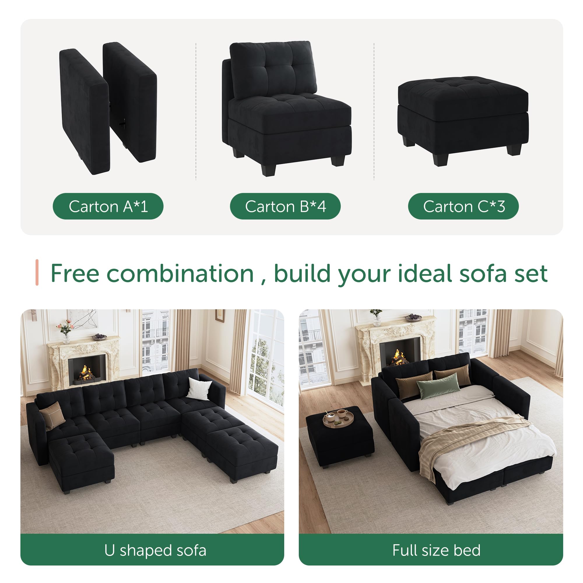 HONBAY Modular Sectional Sofa Oversized U Shaped Couch with Storage Seat Velvet 7 Seater Modular Sofa with Reversible Chaises, Black