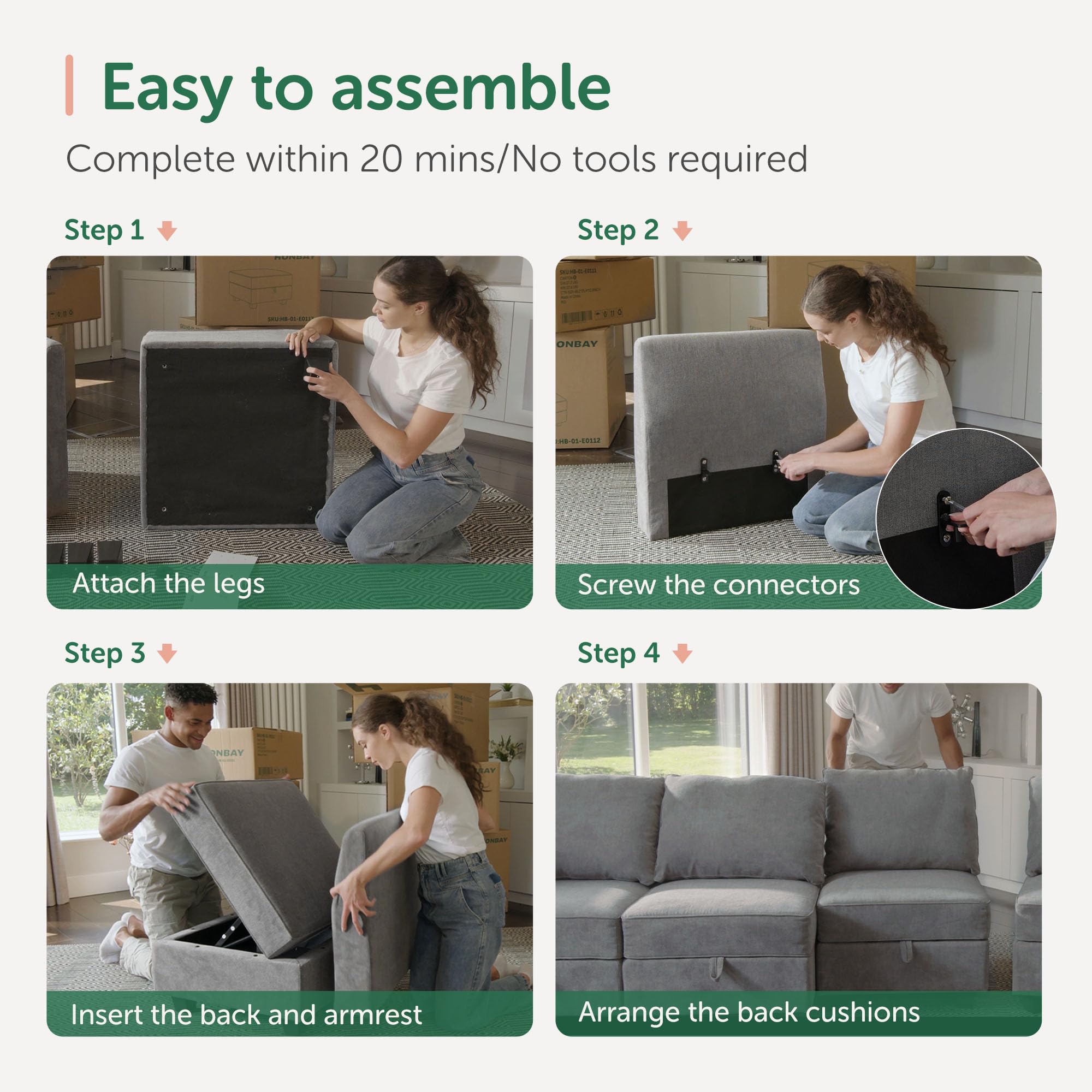 HONBAY Modular Sectional Sofa with Storage U Shaped Modular Sofa 6-Seater Sectional Couch for Living Room, Grey