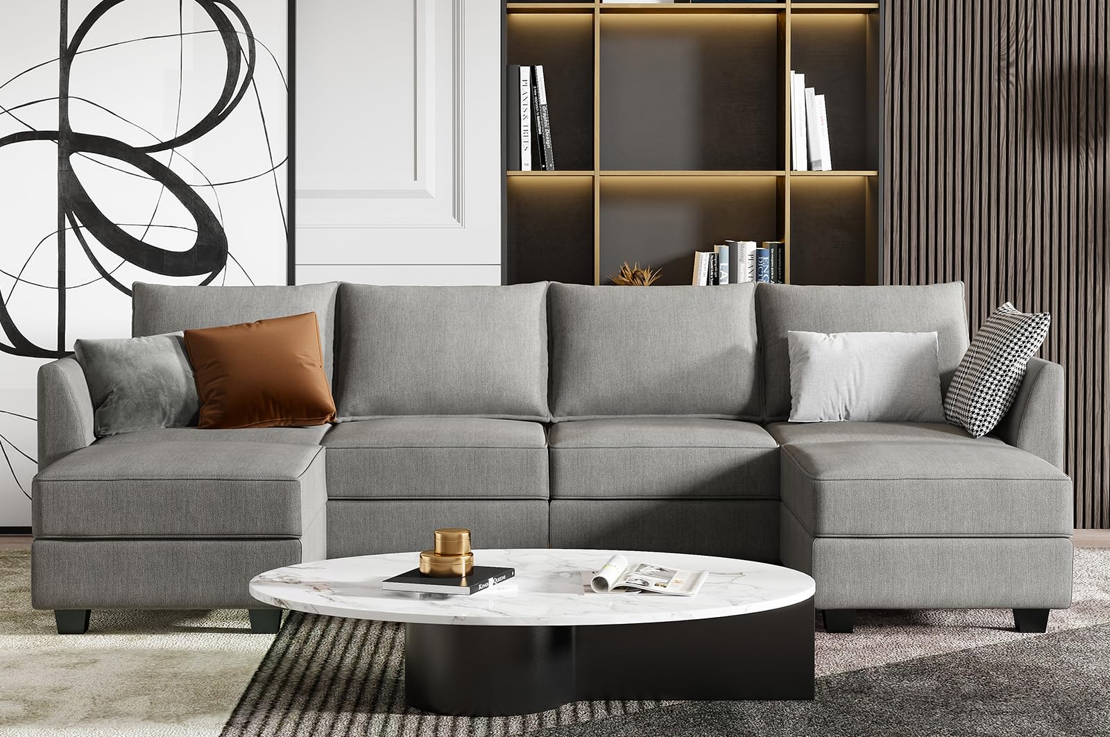 HONBAY Modular Sectional Sofa with Storage U Shaped Modular Sofa 6-Seater Sectional Couch for Living Room, Grey