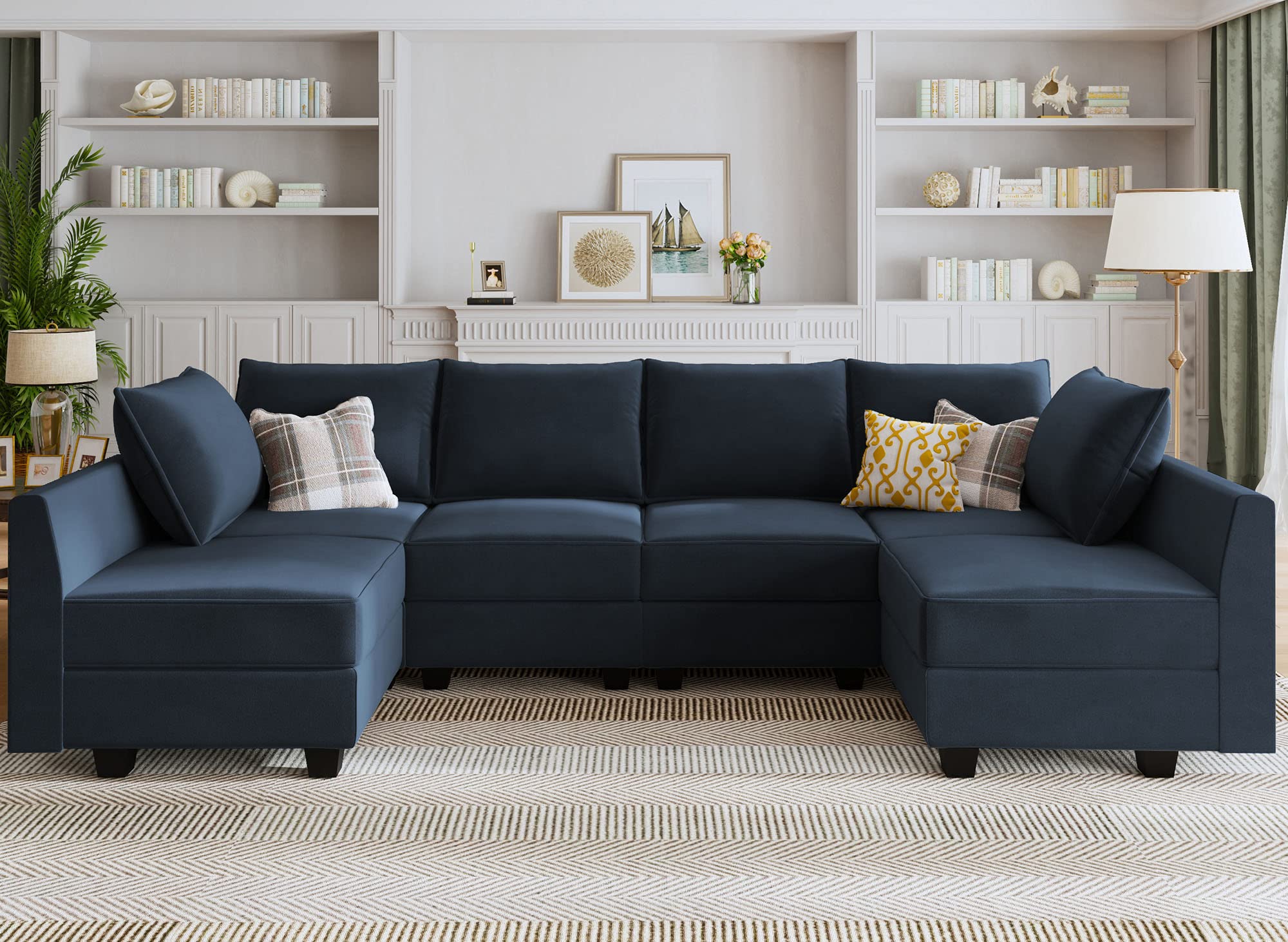 HONBAY Convertible Sectional Sofa Velvet U Shaped Couch with Reversible Chaise Modular Sectional Couch 6 Seater Sofa with Storage Seat, Dark Blue