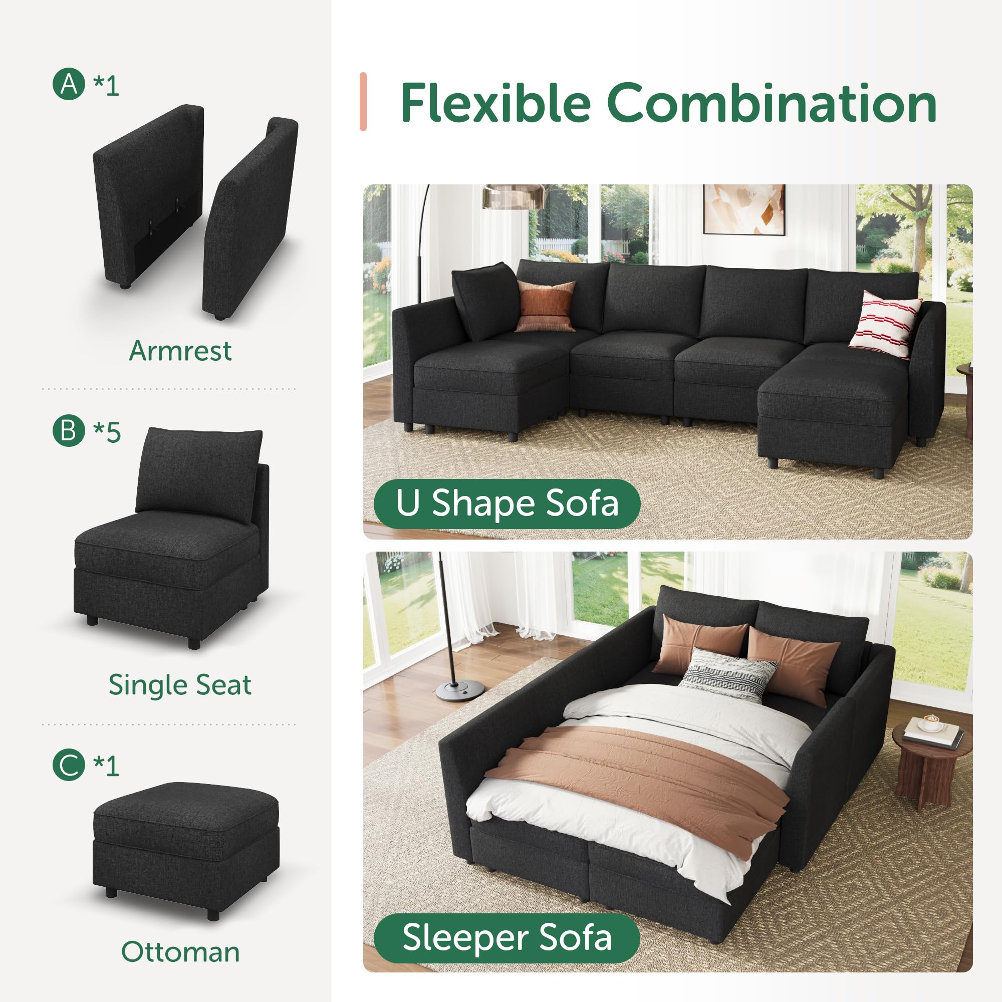 HONBAY Modular Sectional Couch L Shaped Sectional Sofa with Storage, Convertible Couches for Living Room - Linen Grey