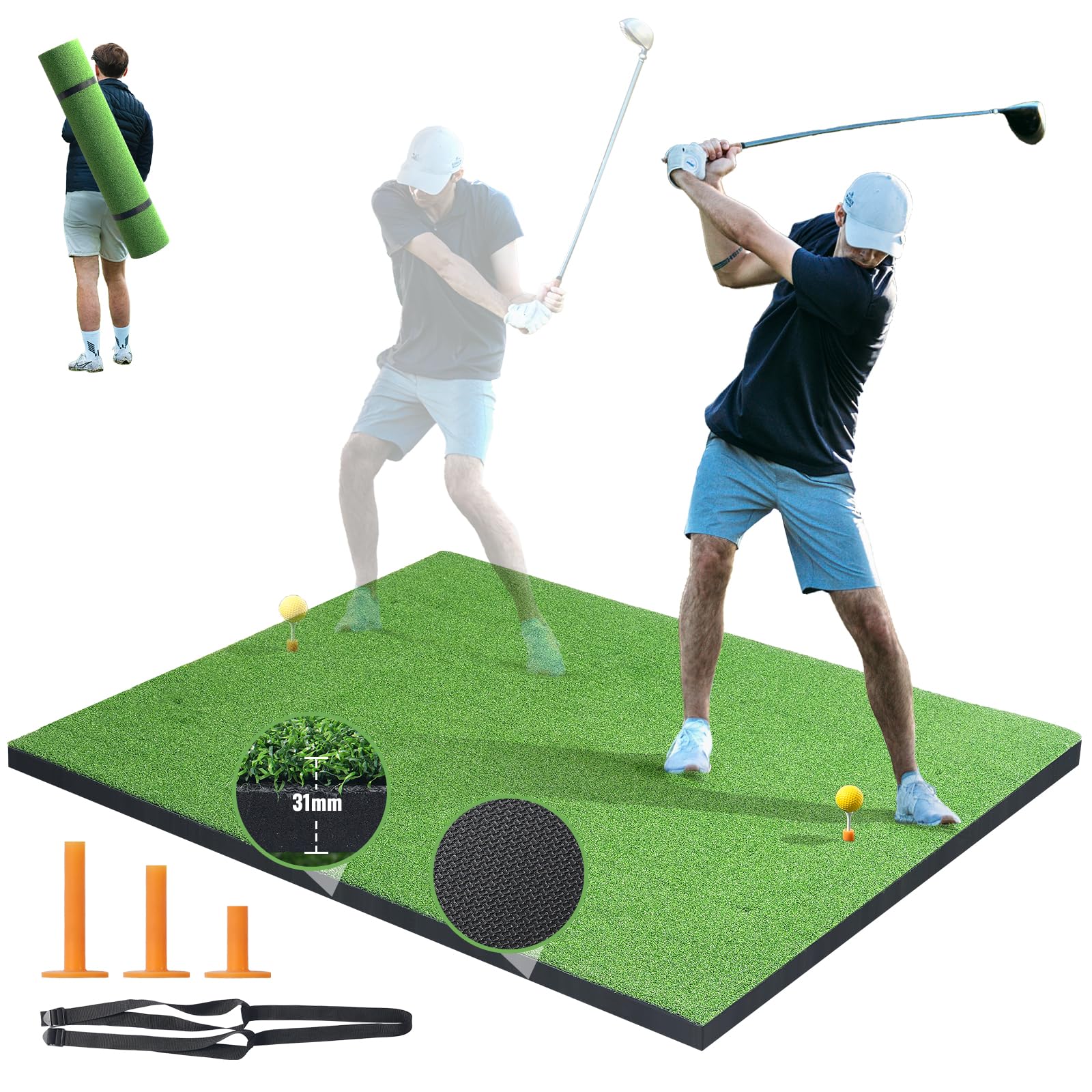 VEVOR Artificial Turf Golf Hitting Mat, 5x5ft - Includes 3 Rubber Tees, Indoor/Outdoor Practice Mat