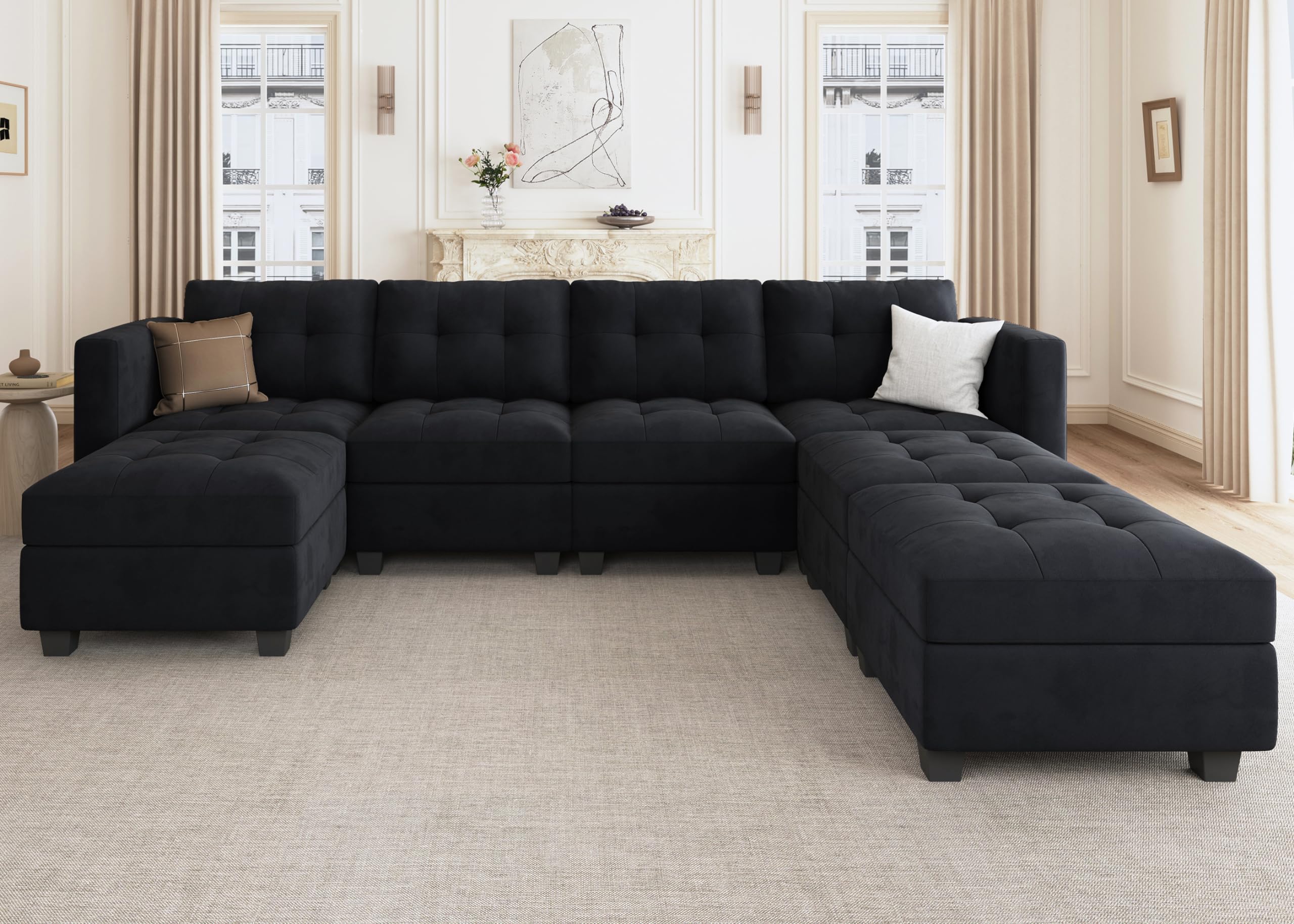 HONBAY Modular Sectional Sofa Oversized U Shaped Couch with Storage Seat Velvet 7 Seater Modular Sofa with Reversible Chaises, Black