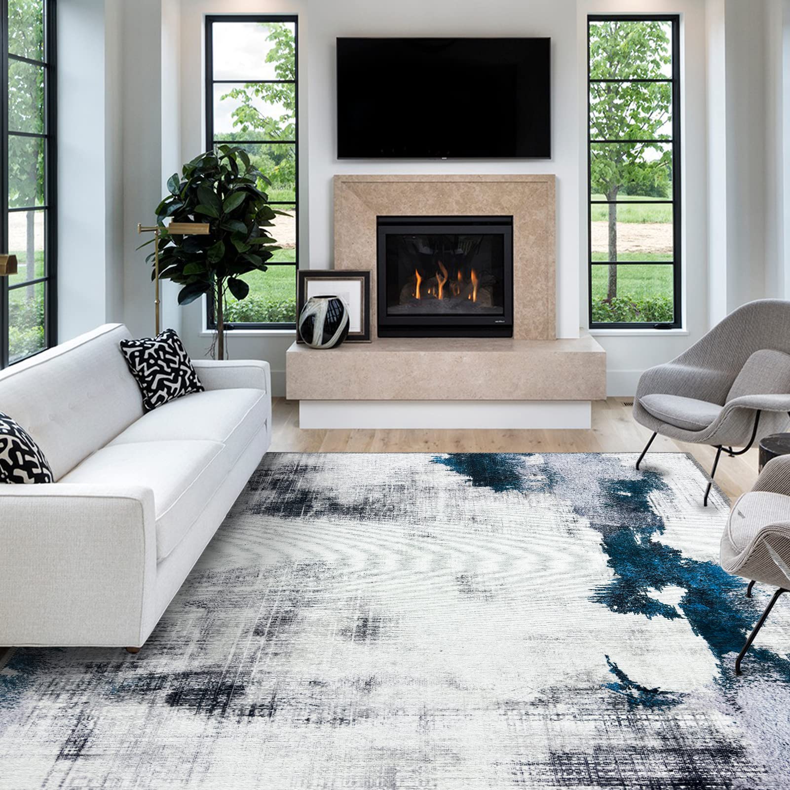 OIGAE Washable Rug 5x7, Abstract Modern Area Rugs with Non-Slip Backing, Non-Shedding Floor Mat Throw Carpet for Living Room Bedroom Kitchen Laundry Home Office, White/Blue