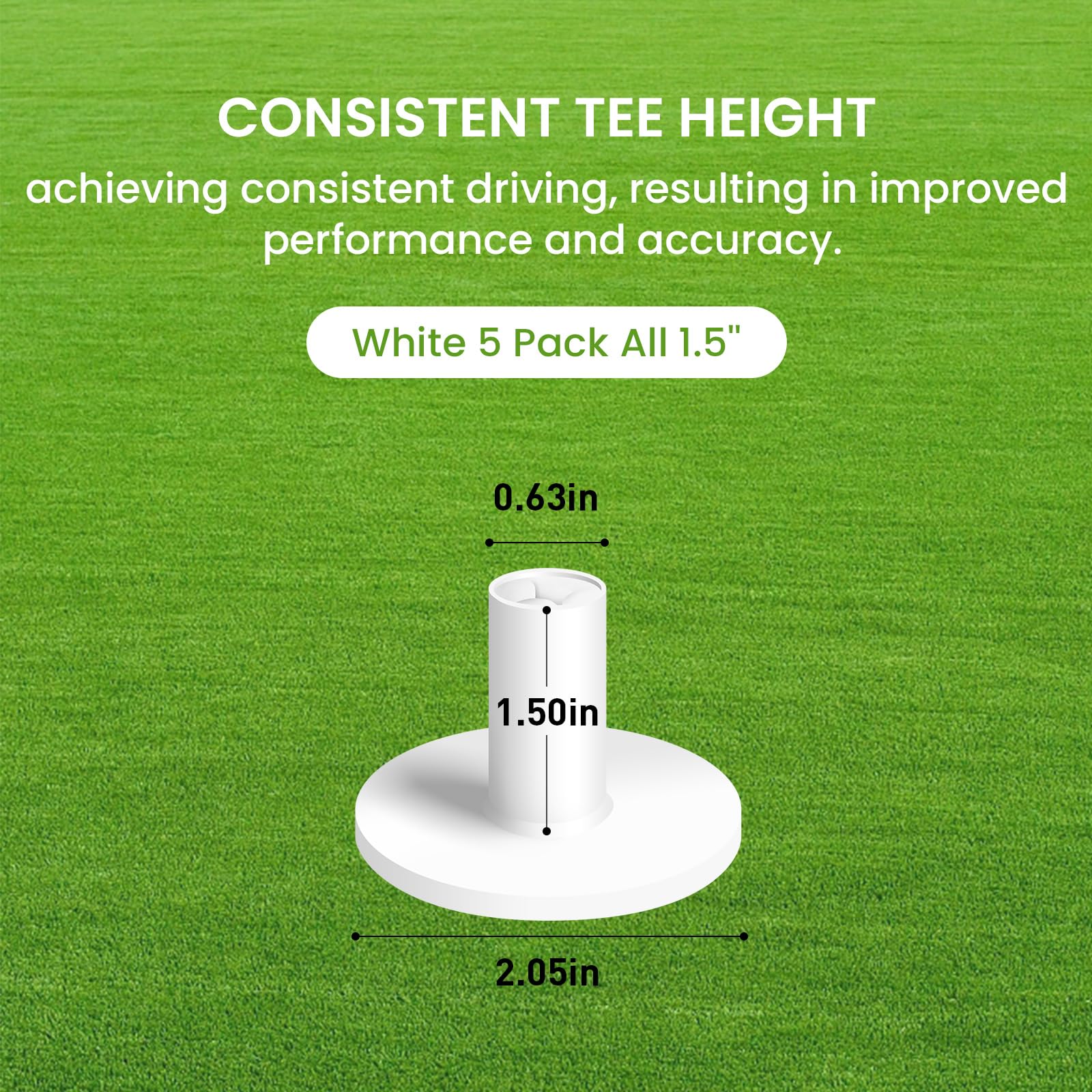 FINGER TEN Golf Rubber Tee Driving Range Value 5 Pack All 1.5'' for Indoor Outdoor Practice Mat, Tee Adaptor White Tee Holder Set for Hitting Mats (Pure White 5 Pack All 1.5'')