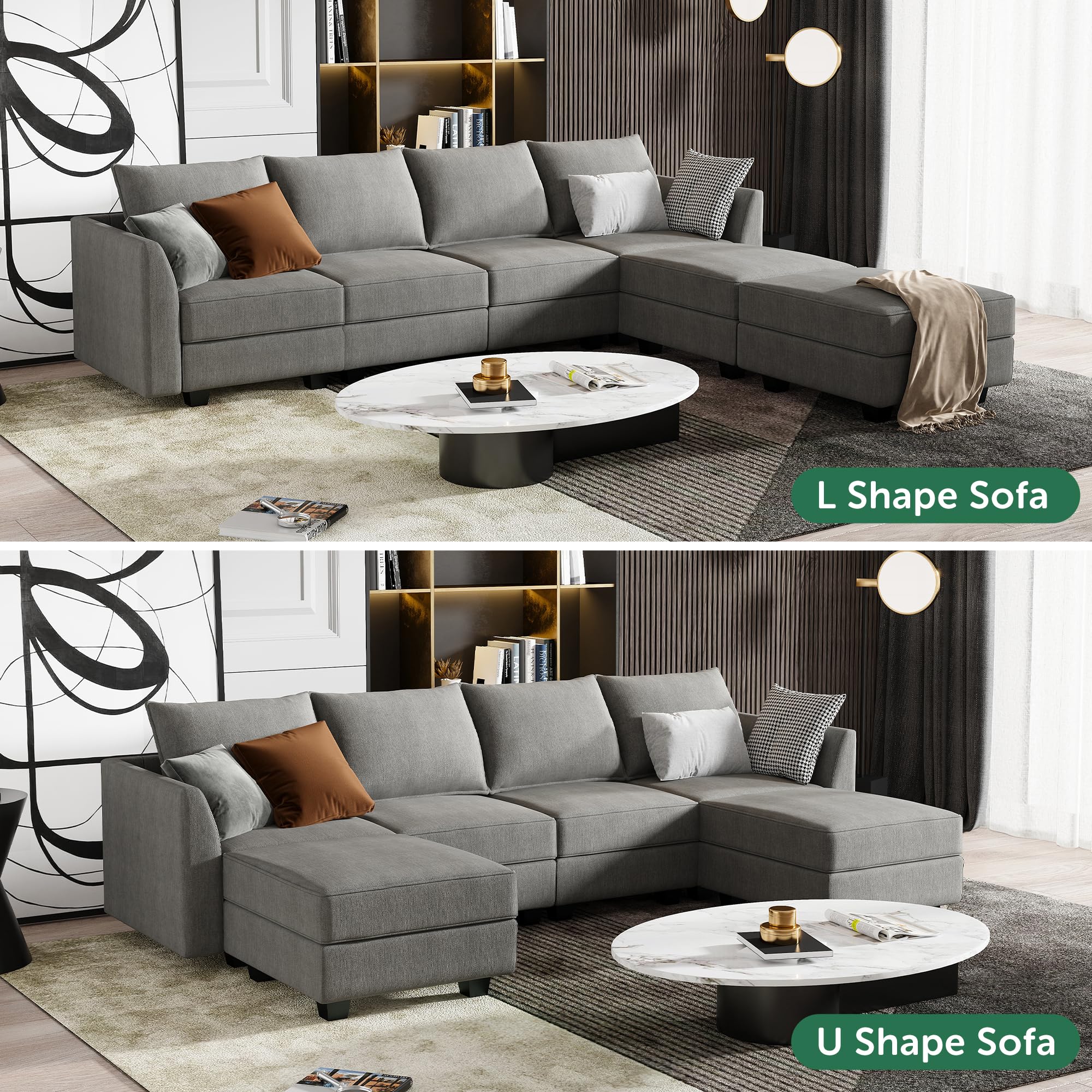 HONBAY Modular Sectional Sofa with Storage U Shaped Modular Sofa 6-Seater Sectional Couch for Living Room, Grey