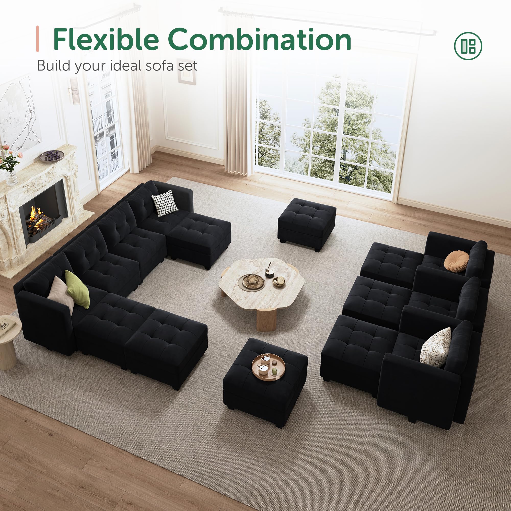 HONBAY Modular Sectional Sofa Oversized U Shaped Couch with Storage Seat Velvet 7 Seater Modular Sofa with Reversible Chaises, Black