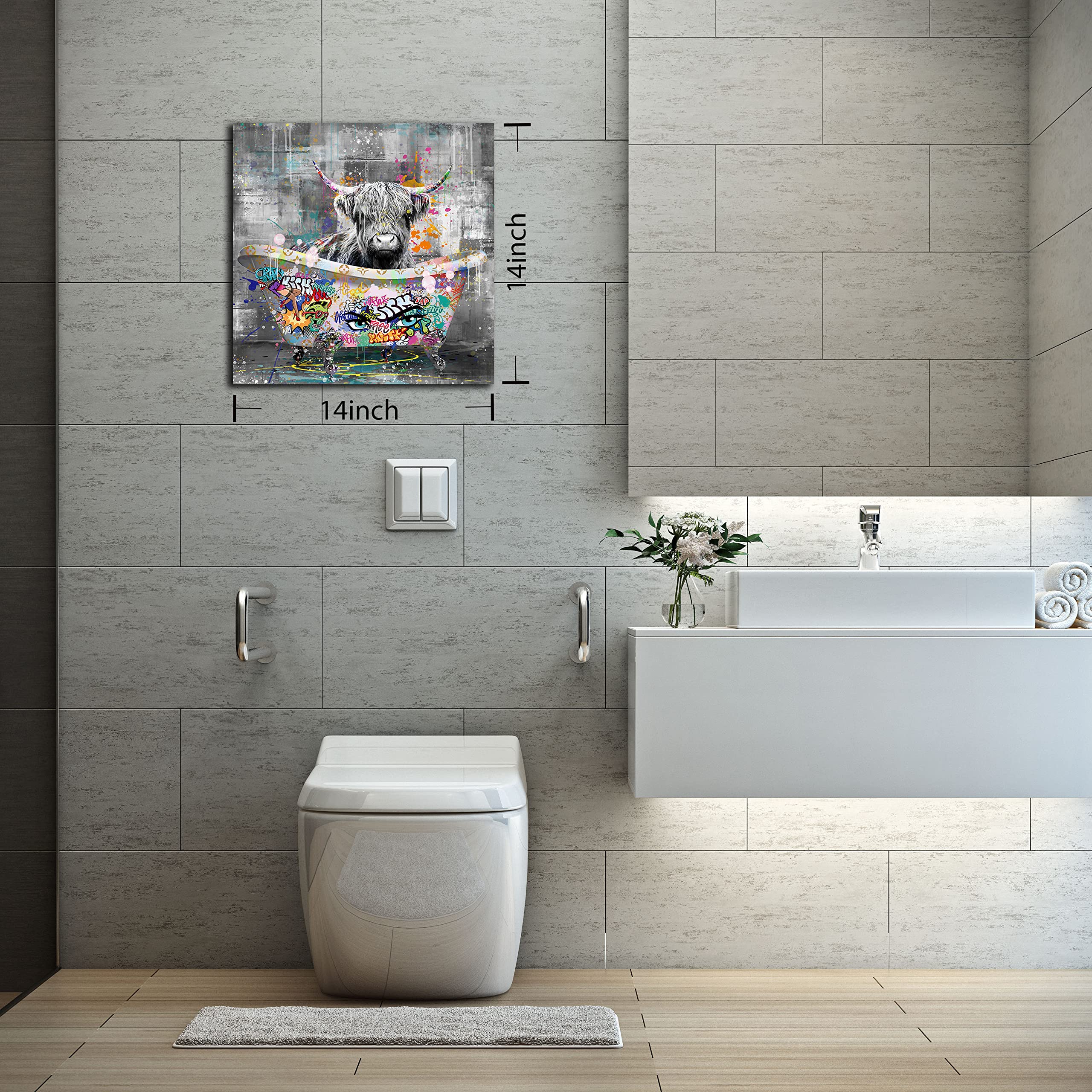 Kepgonegu Highland Cow Bathroom Wall Art Funny Graffiti Canvas Wall Art Black and White Wall Art Ready to Hang Size 14”W x 14”H