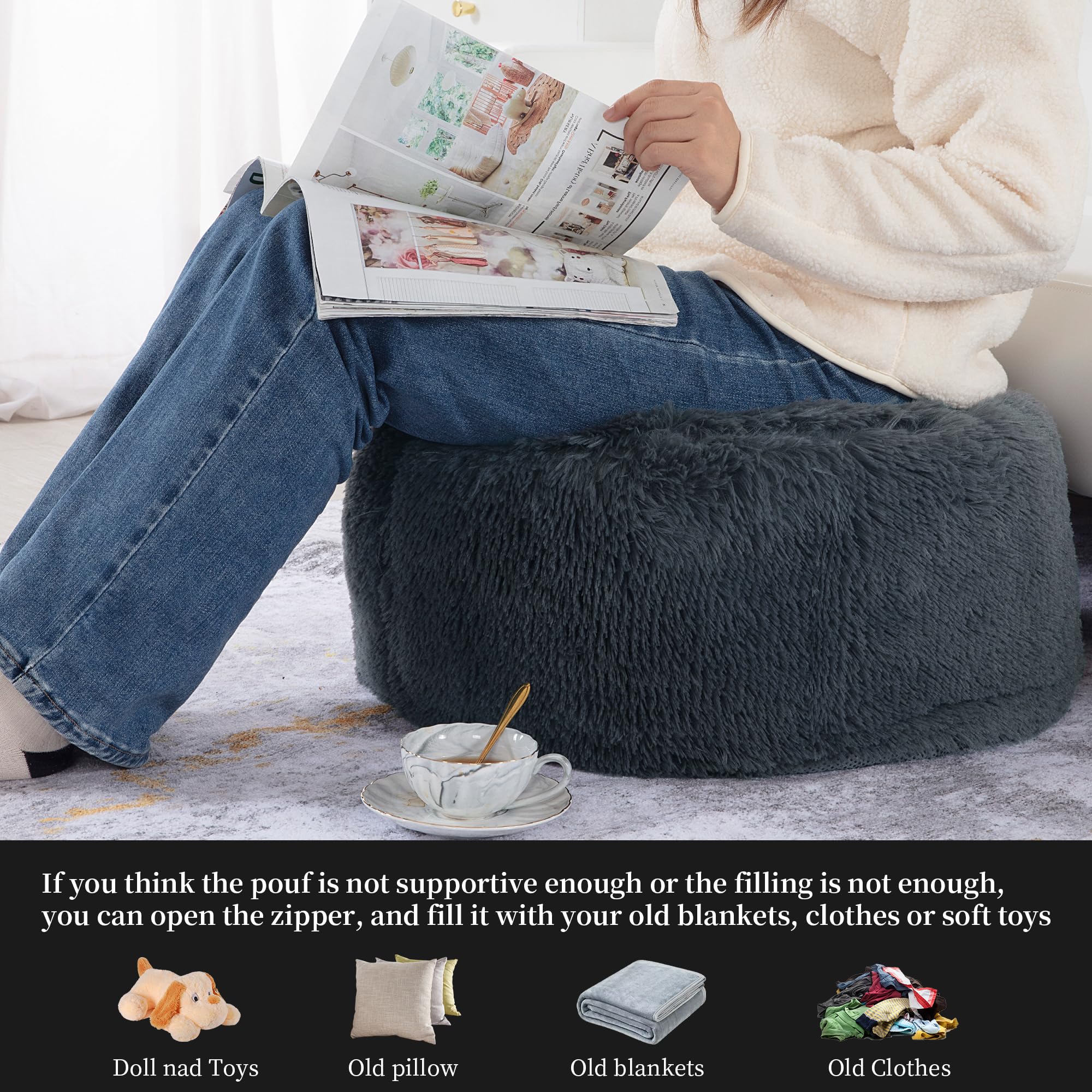 BALAPET Fluffy Pouf Ottoman with Down-Alternative Filling, Stuffed Round Faux Fur Pouf Ottoman Foot Stool, Floor Bean Bag Chair, Foot Rest for Living Room Bedroom, Dark Grey