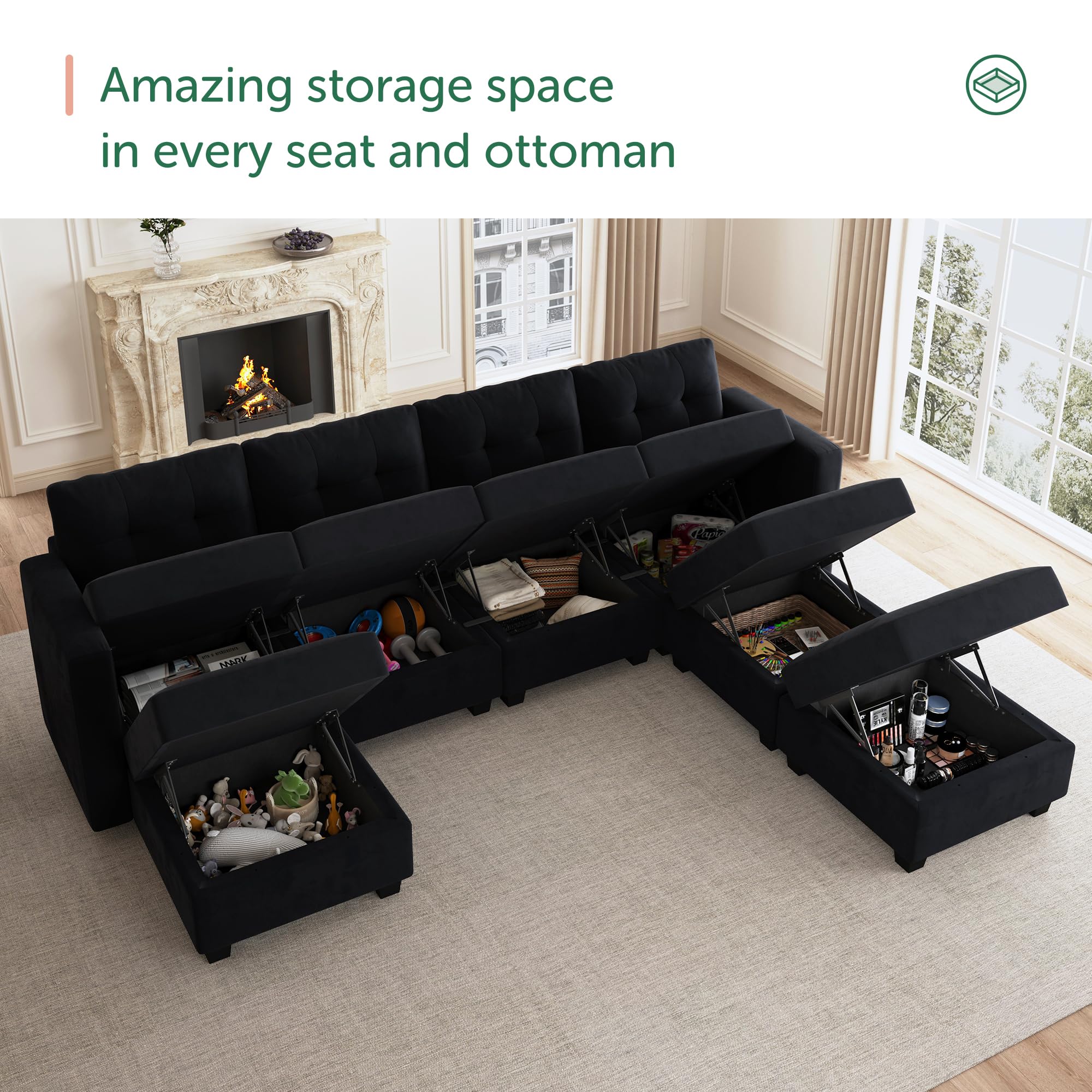 HONBAY Modular Sectional Sofa Oversized U Shaped Couch with Storage Seat Velvet 7 Seater Modular Sofa with Reversible Chaises, Black