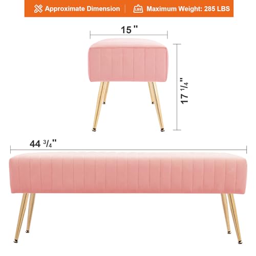 Furnimart 44 Inch Pink Velvet Ottoman Bench, Modern Upholstered Bedroom Benches Footrest Stool Indoor Bench for Entryway Living Room Bedroom Dining Room (Velvet-Pink)