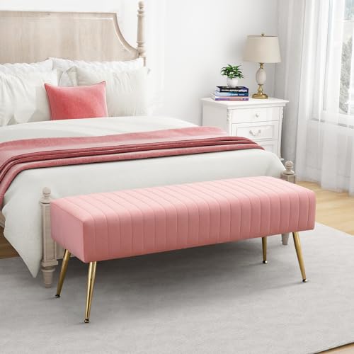 Furnimart 44 Inch Pink Velvet Ottoman Bench, Modern Upholstered Bedroom Benches Footrest Stool Indoor Bench for Entryway Living Room Bedroom Dining Room (Velvet-Pink)