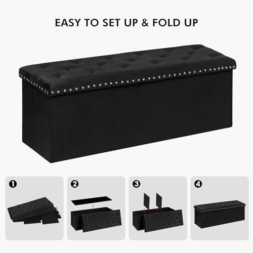 PINPLUS Black Storage Ottoman Bench with Benches Foot Rest Stool, Large Long Folding Velvet Toy Shoes Chest for Bedroom, Living Room, 43.3"x15.7"x15.7"