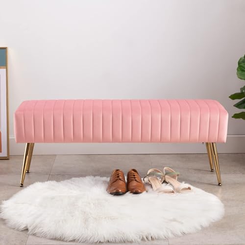 Furnimart 44 Inch Pink Velvet Ottoman Bench, Modern Upholstered Bedroom Benches Footrest Stool Indoor Bench for Entryway Living Room Bedroom Dining Room (Velvet-Pink)