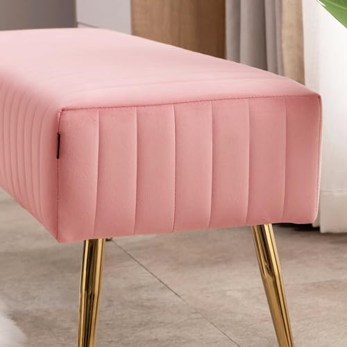 Furnimart 44 Inch Pink Velvet Ottoman Bench, Modern Upholstered Bedroom Benches Footrest Stool Indoor Bench for Entryway Living Room Bedroom Dining Room (Velvet-Pink)