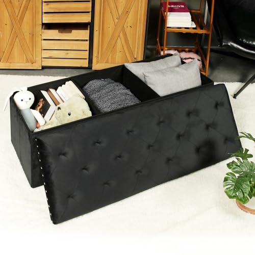 PINPLUS Black Storage Ottoman Bench with Benches Foot Rest Stool, Large Long Folding Velvet Toy Shoes Chest for Bedroom, Living Room, 43.3"x15.7"x15.7"