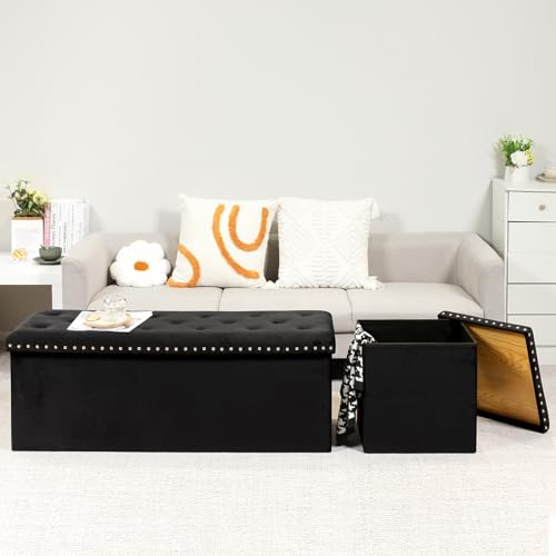 PINPLUS Black Storage Ottoman Bench with Benches Foot Rest Stool, Large Long Folding Velvet Toy Shoes Chest for Bedroom, Living Room, 43.3"x15.7"x15.7"