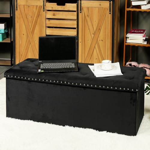 PINPLUS Black Storage Ottoman Bench with Benches Foot Rest Stool, Large Long Folding Velvet Toy Shoes Chest for Bedroom, Living Room, 43.3"x15.7"x15.7"