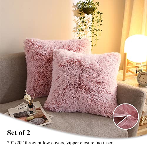 XeGe 3 Pieces Soft Faux Fur Throw Blanket Set, Fluffy Furry Blanket 50x60, Shaggy Plush Fuzzy Blanket with Set of 2 Throw Pillow Covers 20x20 for Bed Couch Sofa Living Room Office Dorm, Pink Ombre