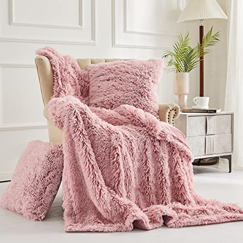 XeGe 3 Pieces Soft Faux Fur Throw Blanket Set, Fluffy Furry Blanket 50x60, Shaggy Plush Fuzzy Blanket with Set of 2 Throw Pillow Covers 20x20 for Bed Couch Sofa Living Room Office Dorm, Pink Ombre