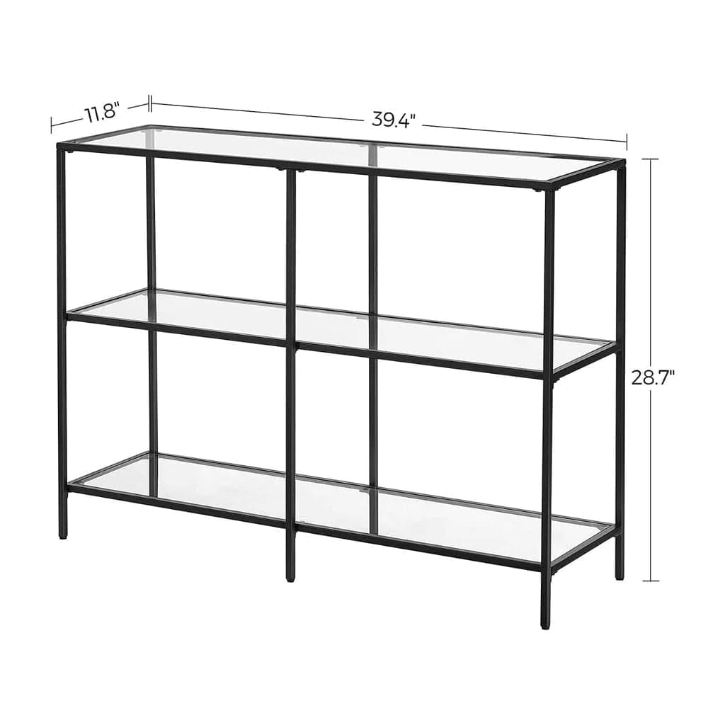 VASAGLE 39.4 Inch Console Table with 3 Shelves, Sofa Table, Entryway Table, Metal Frame, Tempered Glass Shelf, Modern Style, for Entryway Living Room Bedroom, Classic Black and Transparent ULGT027B01