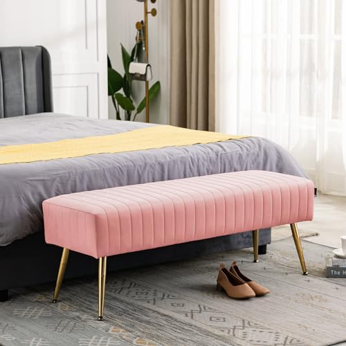 Furnimart 44 Inch Pink Velvet Ottoman Bench, Modern Upholstered Bedroom Benches Footrest Stool Indoor Bench for Entryway Living Room Bedroom Dining Room (Velvet-Pink)