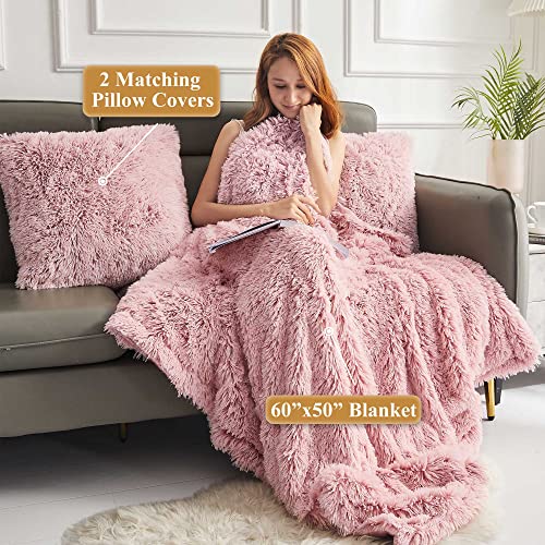 XeGe 3 Pieces Soft Faux Fur Throw Blanket Set, Fluffy Furry Blanket 50x60, Shaggy Plush Fuzzy Blanket with Set of 2 Throw Pillow Covers 20x20 for Bed Couch Sofa Living Room Office Dorm, Pink Ombre