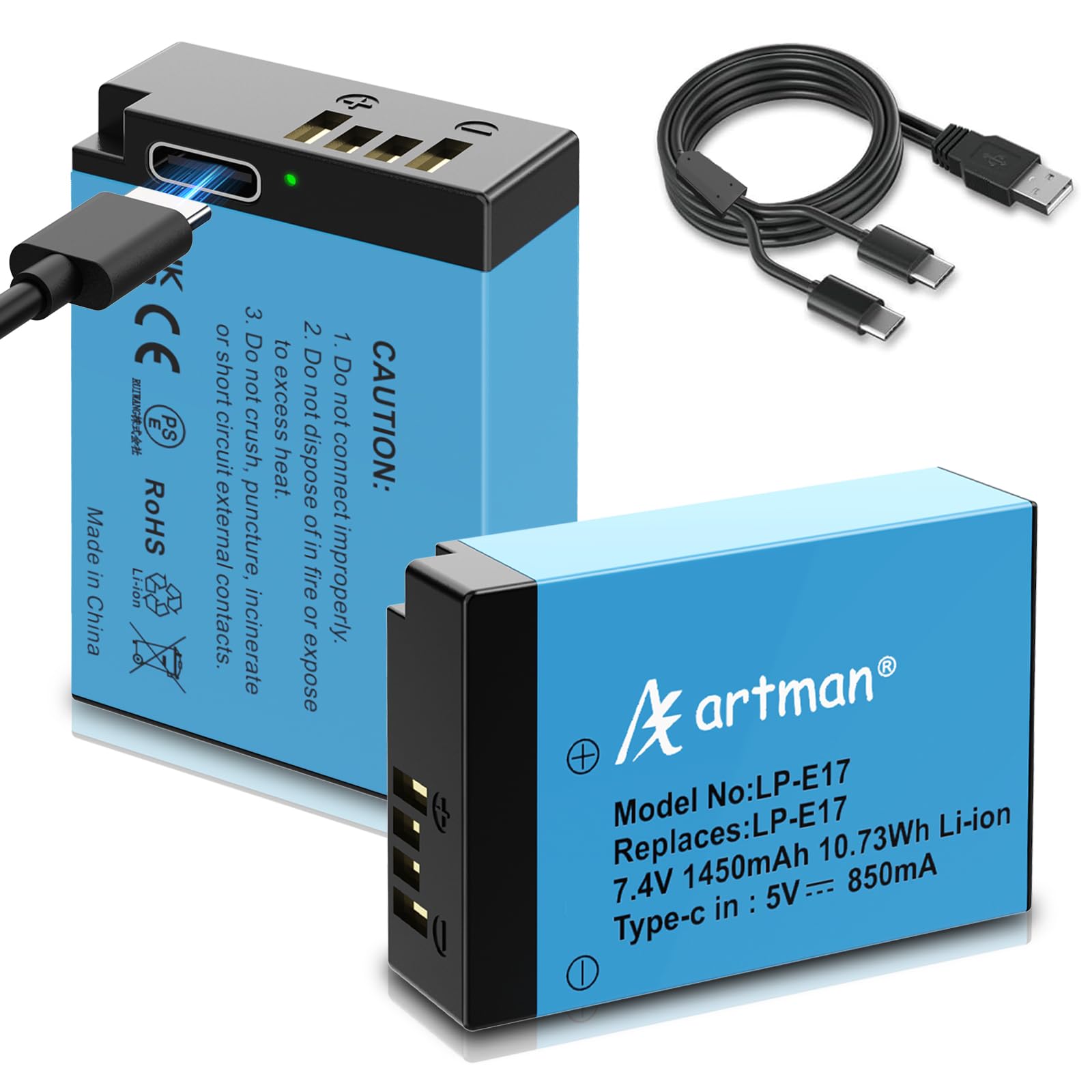 Artman 2-Pack LP-E17 Battery 1450mAh with Type-C Direct Charging Port for Canon EOS R50 RP R10 R8,Rebel T6i,T7i,T8i, T6s, SL2, SL3, EOS M3, M5, M6, EOS 200D, 77D, 750D, 760D, 800D, 8000D,Camera