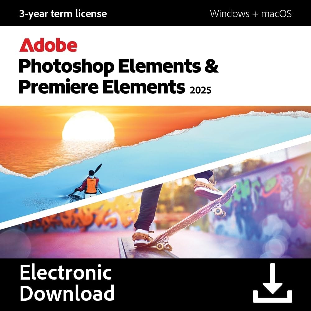 Adobe Photoshop Elements 2025 & Premiere Elements 2025 | PC/Mac Code | Software Download | Photo & Video Editing | 3-year term license | Activation Required