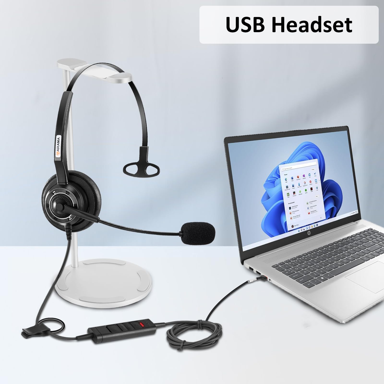 Arama USB Headset with Microphone Noise-Cancelling, Comfort Fit Computer Headset with Microphone for PC Laptop Mac Skype Zoom UC Webinar Business Call Center Home Office