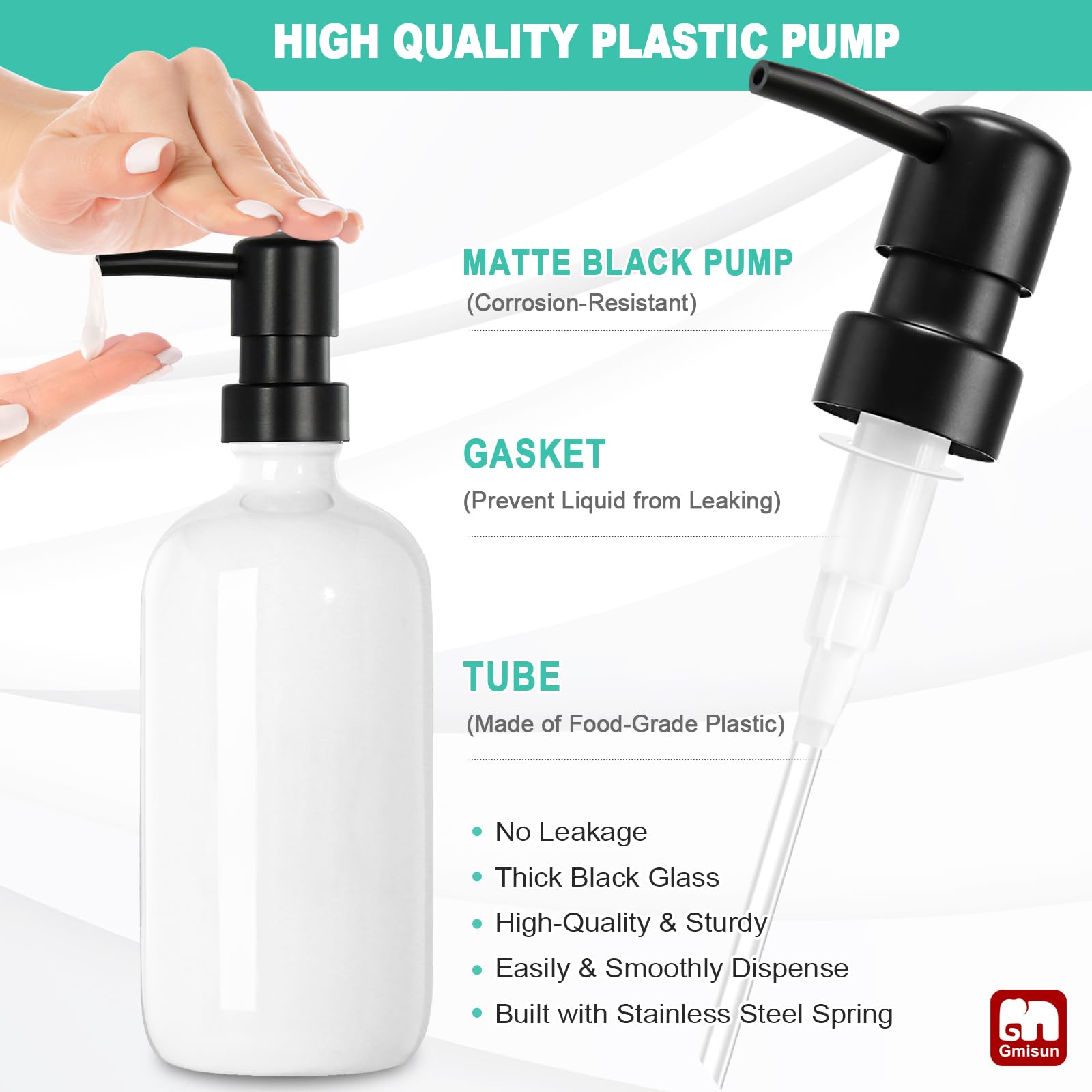 GMISUN Kitchen Soap Dispenser Set, 16 Oz Hand and Dish Soap Dispenser with Ceramic Tray & Bamboo Dish Brush, 2 Pack White Glass Liquid Pump Bottle, Modern Farmhouse Refillable Dish Soap Bottle