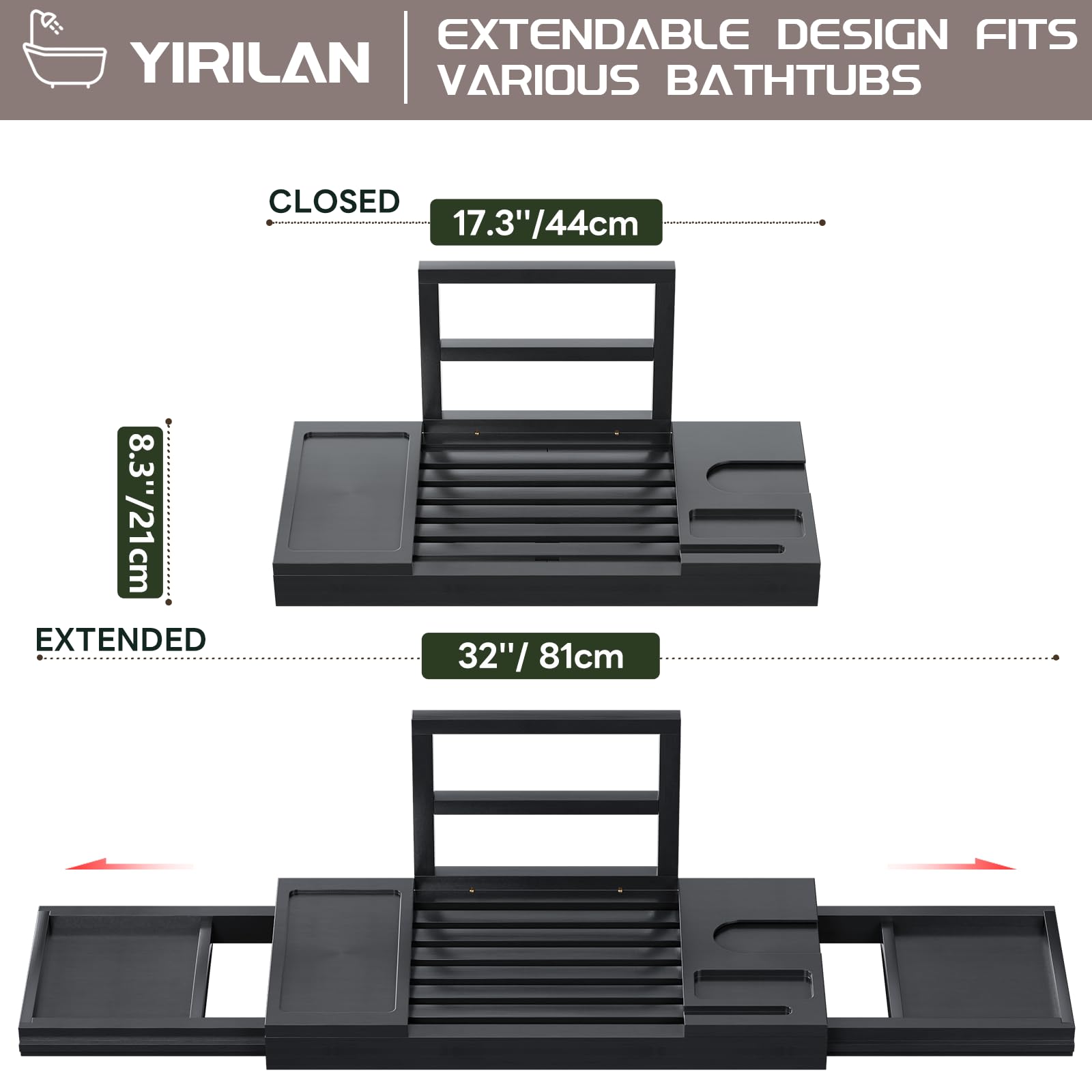 Yirilan Bamboo Bathtub Tray, Expandable Bathroom Tray, Waterproof Tray Caddy, Perfect Bath Caddy for Home Spa, Gift for Loved Ones, Black