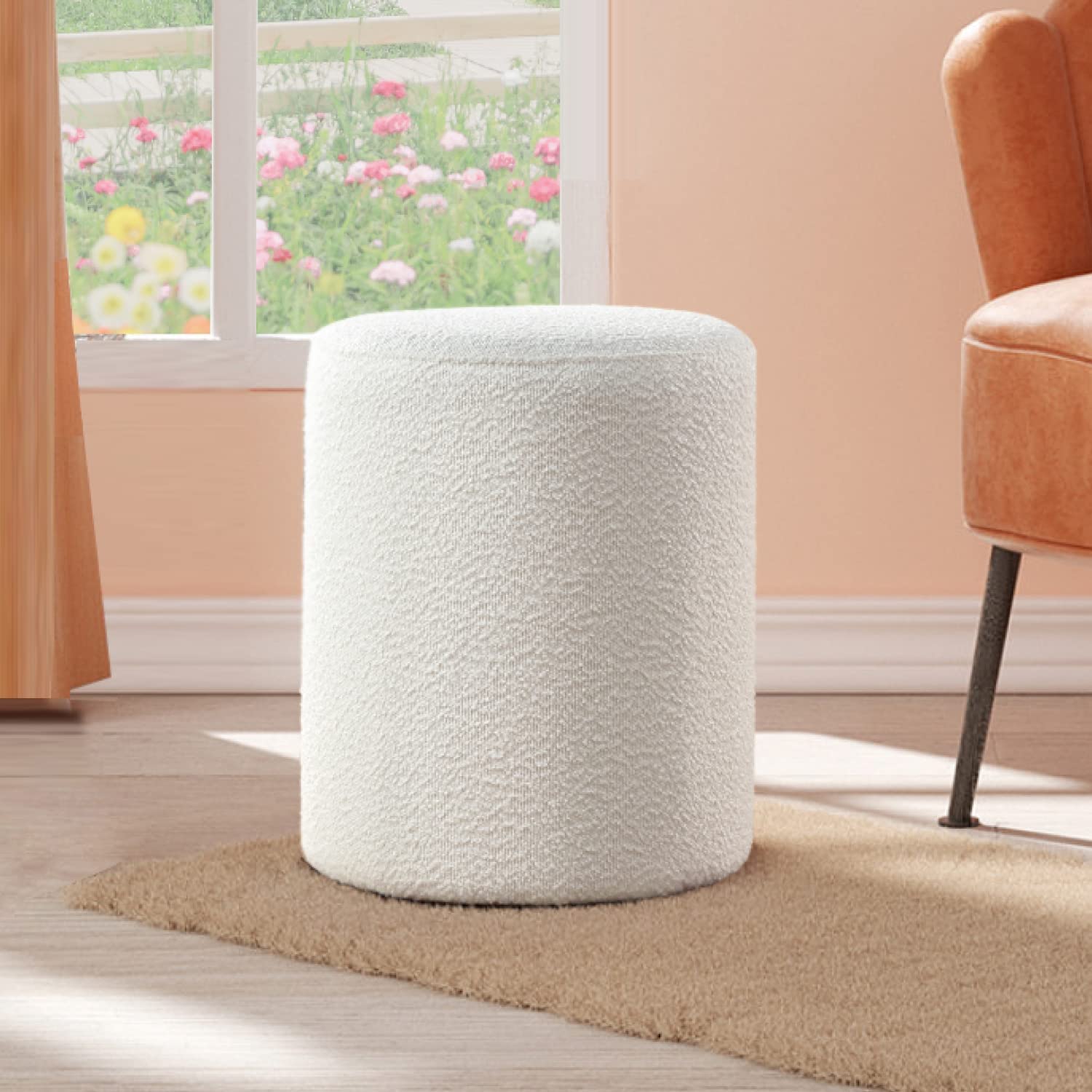 Get Set Style Modern Round Ottoman with Soft Padded Seat, Multifunctional Vanity Chairs for Makeup, Upholstered Footrest Stool Ottoman Foot Stool for Living Room, Bedroom, boucle, White