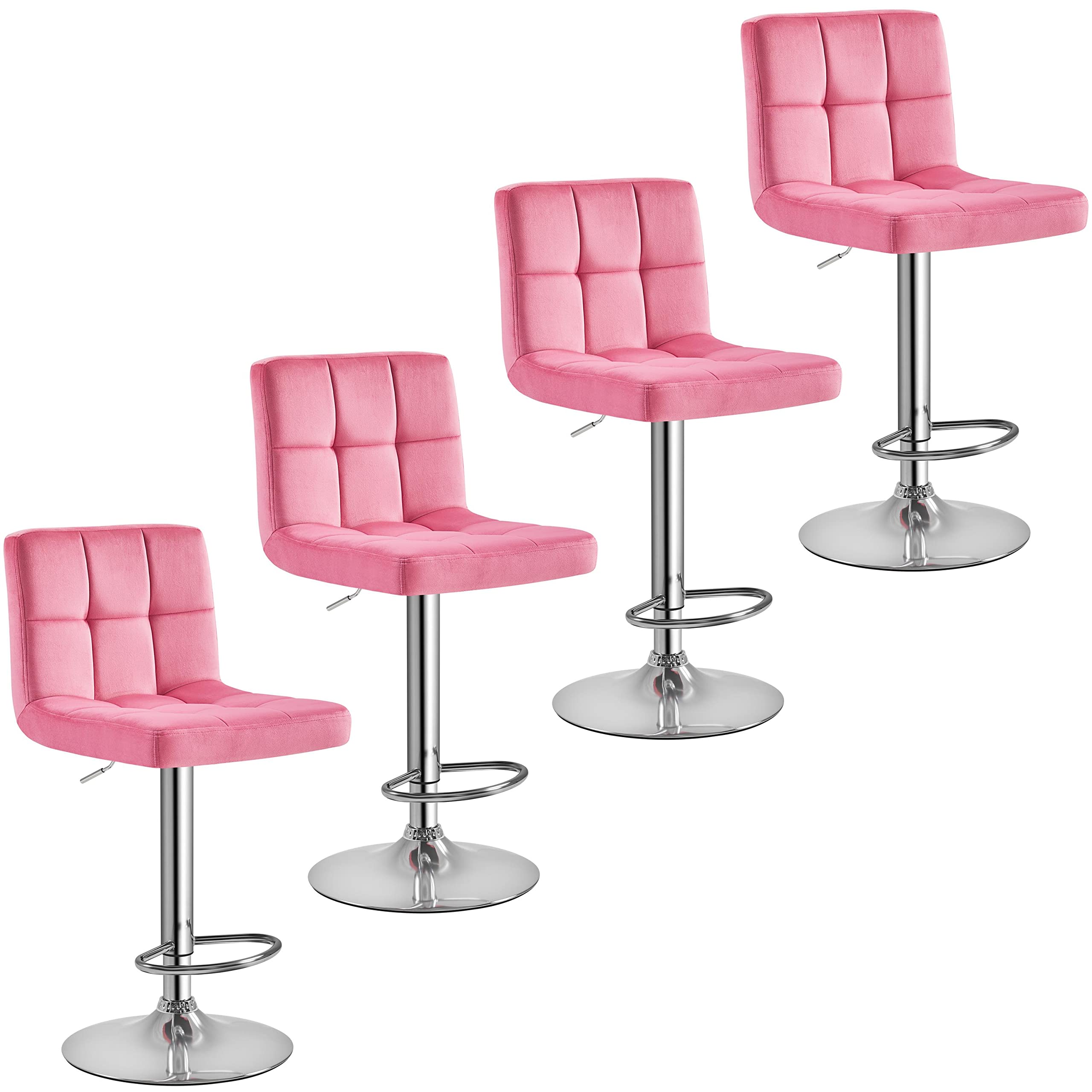 Yaheetech X-Large Velvet Bar Stools Adjustable Counter Height Swivel Stool Armless Chairs Set of 4 with Bigger Base, Velvet, Pink