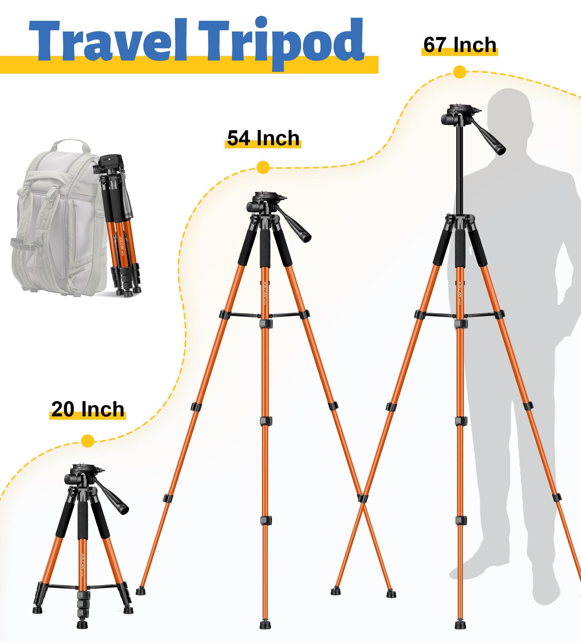 JOILCAN Tripod for Camera, Camera Tripod 67" Heavy Duty Tripod, Phone Tripod for Video Recording Photo Vlog, Aluminum Camera Tripods with Holder & Travel Bag for Camera DSLR iPhone Projector Laser