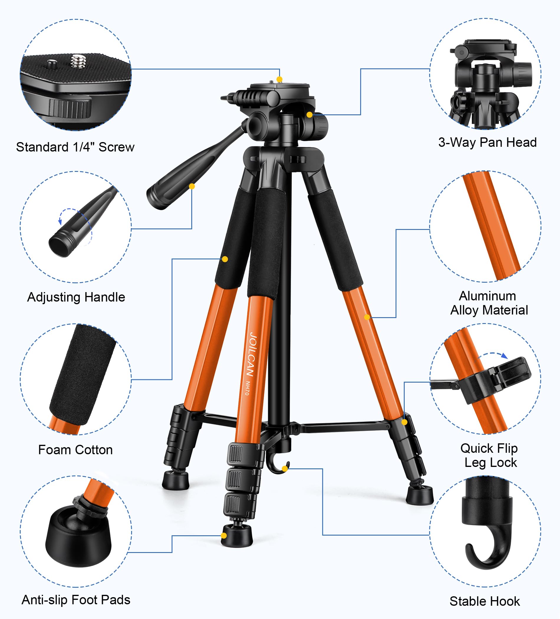 JOILCAN Tripod for Camera, Camera Tripod 67" Heavy Duty Tripod, Phone Tripod for Video Recording Photo Vlog, Aluminum Camera Tripods with Holder & Travel Bag for Camera DSLR iPhone Projector Laser