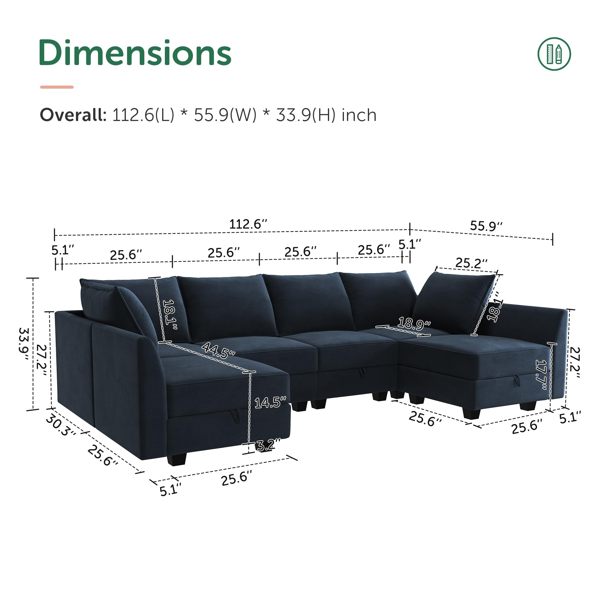 HONBAY Convertible Sectional Sofa Velvet U Shaped Couch with Reversible Chaise Modular Sectional Couch 6 Seater Sofa with Storage Seat, Dark Blue