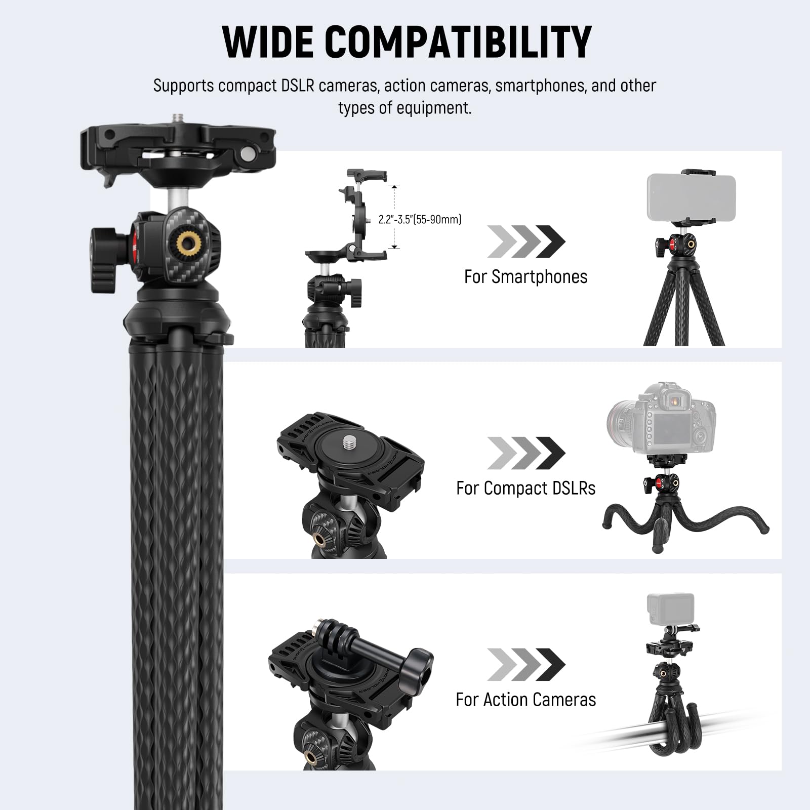 NEEWER Flexible Tripod with Remote, Mini Camera Phone Tripod Stand Vlog Selfie Stick with Phone Holder & Action Camera Adapter Compatible with GoPro Insta360 iPhone Samsung, Digital Camera, TP34