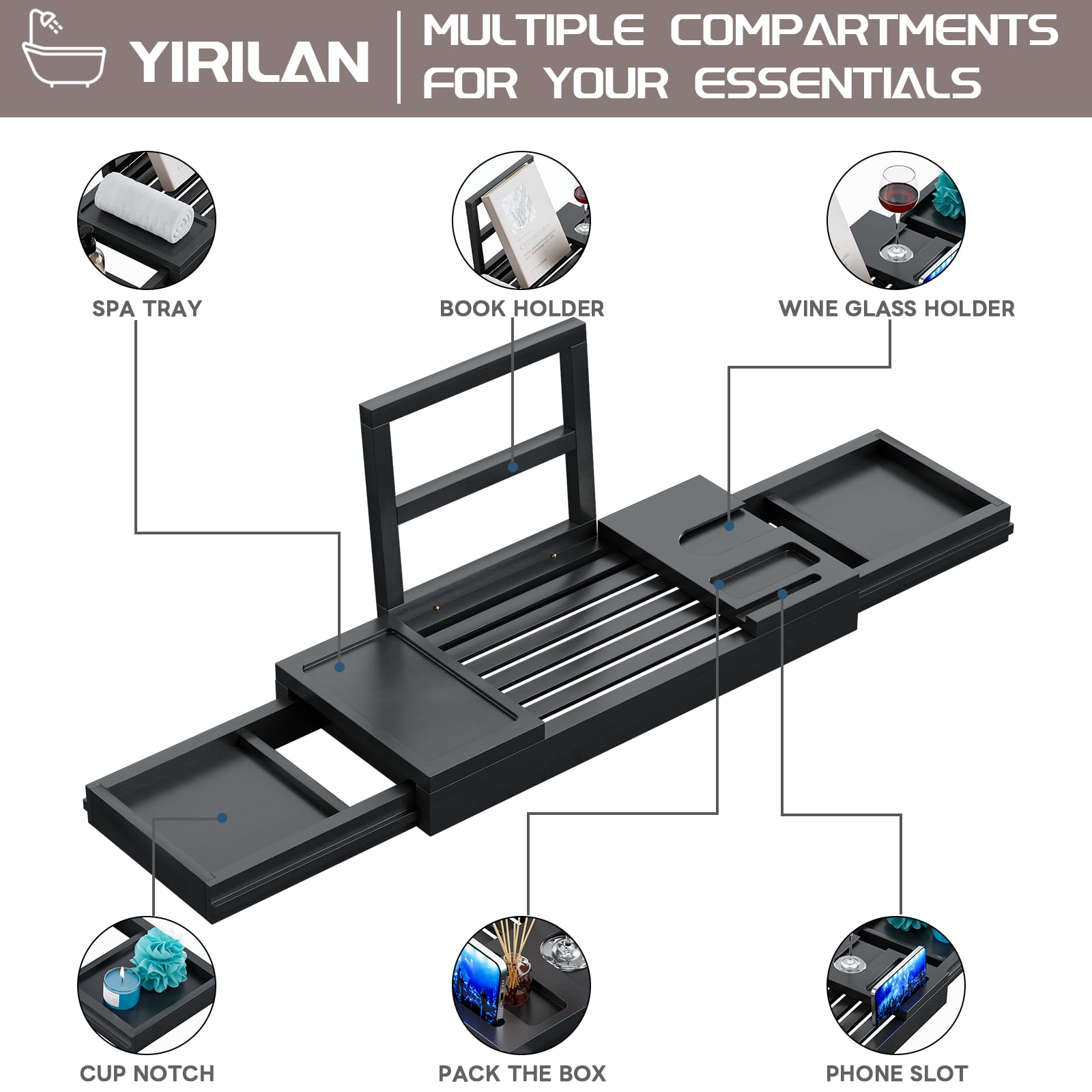 Yirilan Bamboo Bathtub Tray, Expandable Bathroom Tray, Waterproof Tray Caddy, Perfect Bath Caddy for Home Spa, Gift for Loved Ones, Black