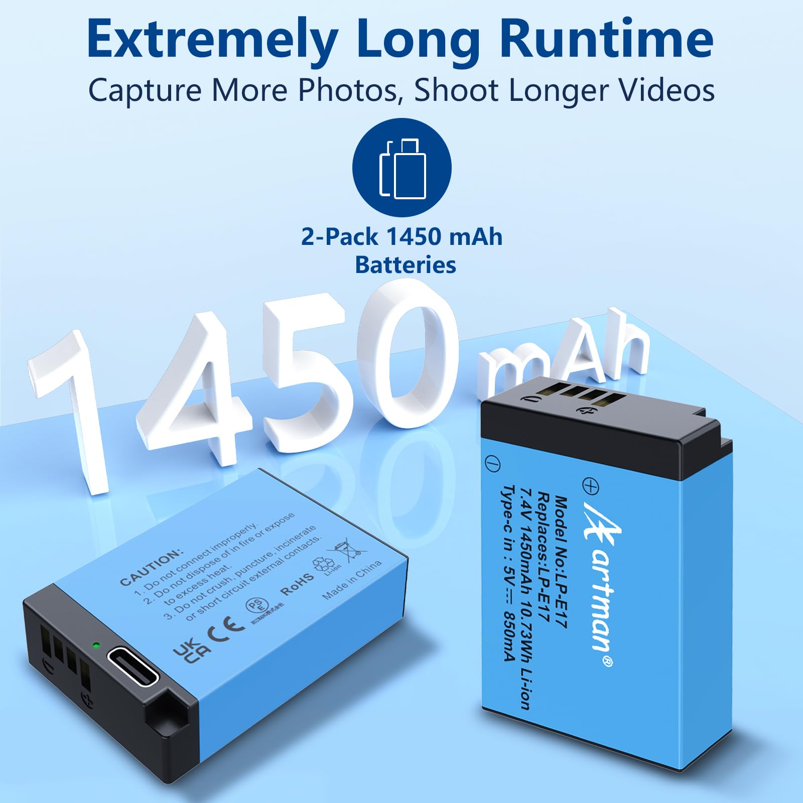 Artman 2-Pack LP-E17 Battery 1450mAh with Type-C Direct Charging Port for Canon EOS R50 RP R10 R8,Rebel T6i,T7i,T8i, T6s, SL2, SL3, EOS M3, M5, M6, EOS 200D, 77D, 750D, 760D, 800D, 8000D,Camera