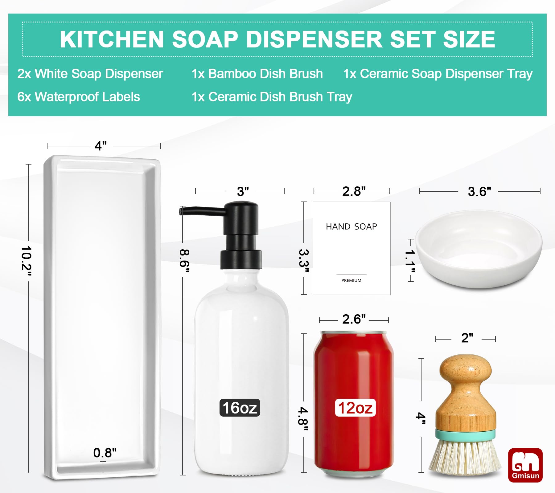 GMISUN Kitchen Soap Dispenser Set, 16 Oz Hand and Dish Soap Dispenser with Ceramic Tray & Bamboo Dish Brush, 2 Pack White Glass Liquid Pump Bottle, Modern Farmhouse Refillable Dish Soap Bottle