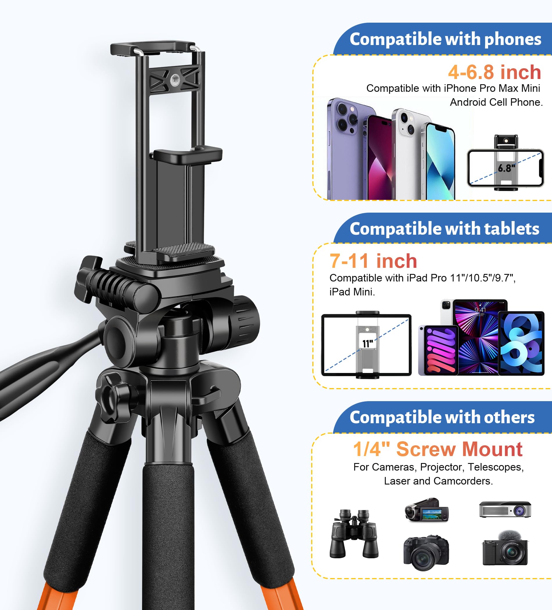 JOILCAN Tripod for Camera, Camera Tripod 67" Heavy Duty Tripod, Phone Tripod for Video Recording Photo Vlog, Aluminum Camera Tripods with Holder & Travel Bag for Camera DSLR iPhone Projector Laser