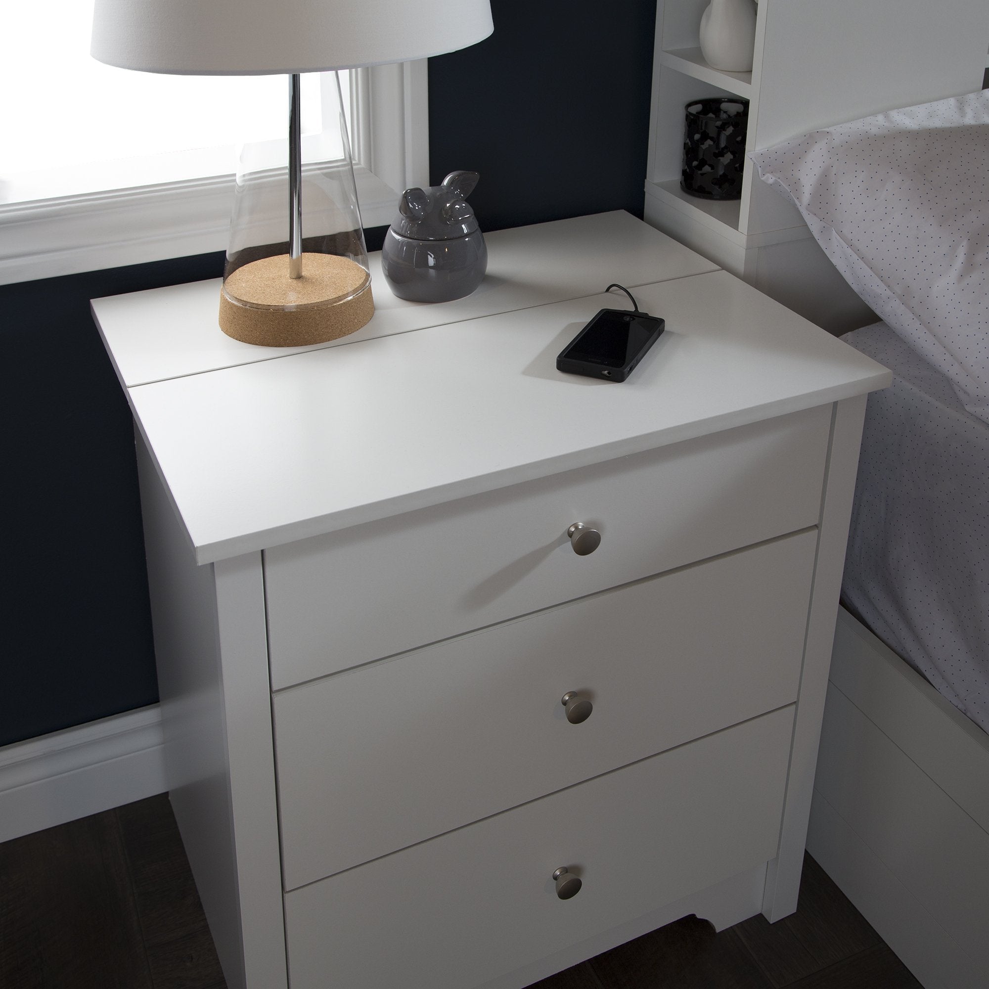 South Shore Vito Nightstand with 2 Drawers and Charging Station, Pure White