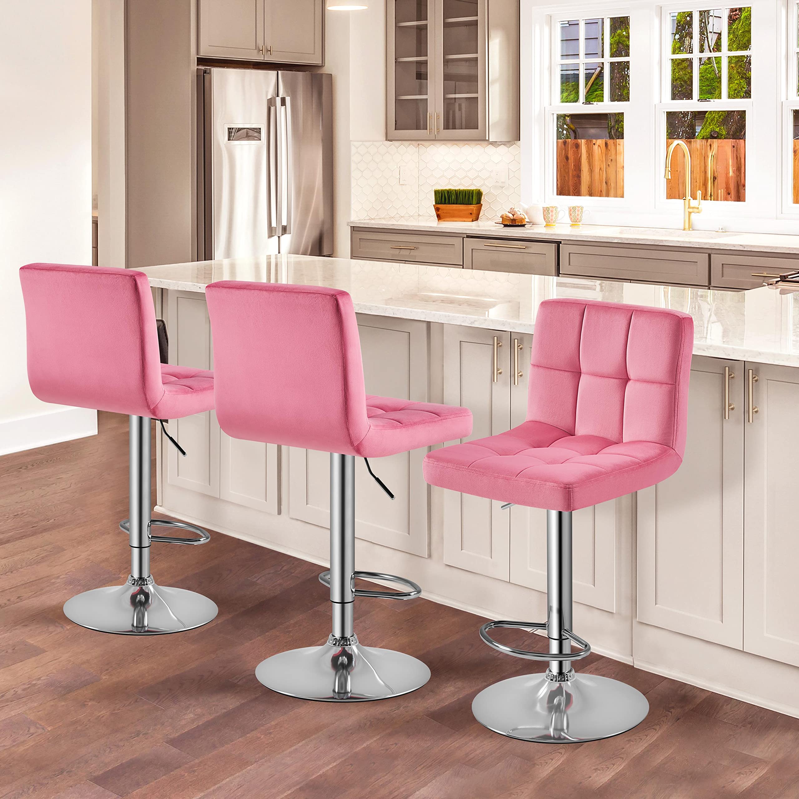 Yaheetech X-Large Velvet Bar Stools Adjustable Counter Height Swivel Stool Armless Chairs Set of 4 with Bigger Base, Velvet, Pink